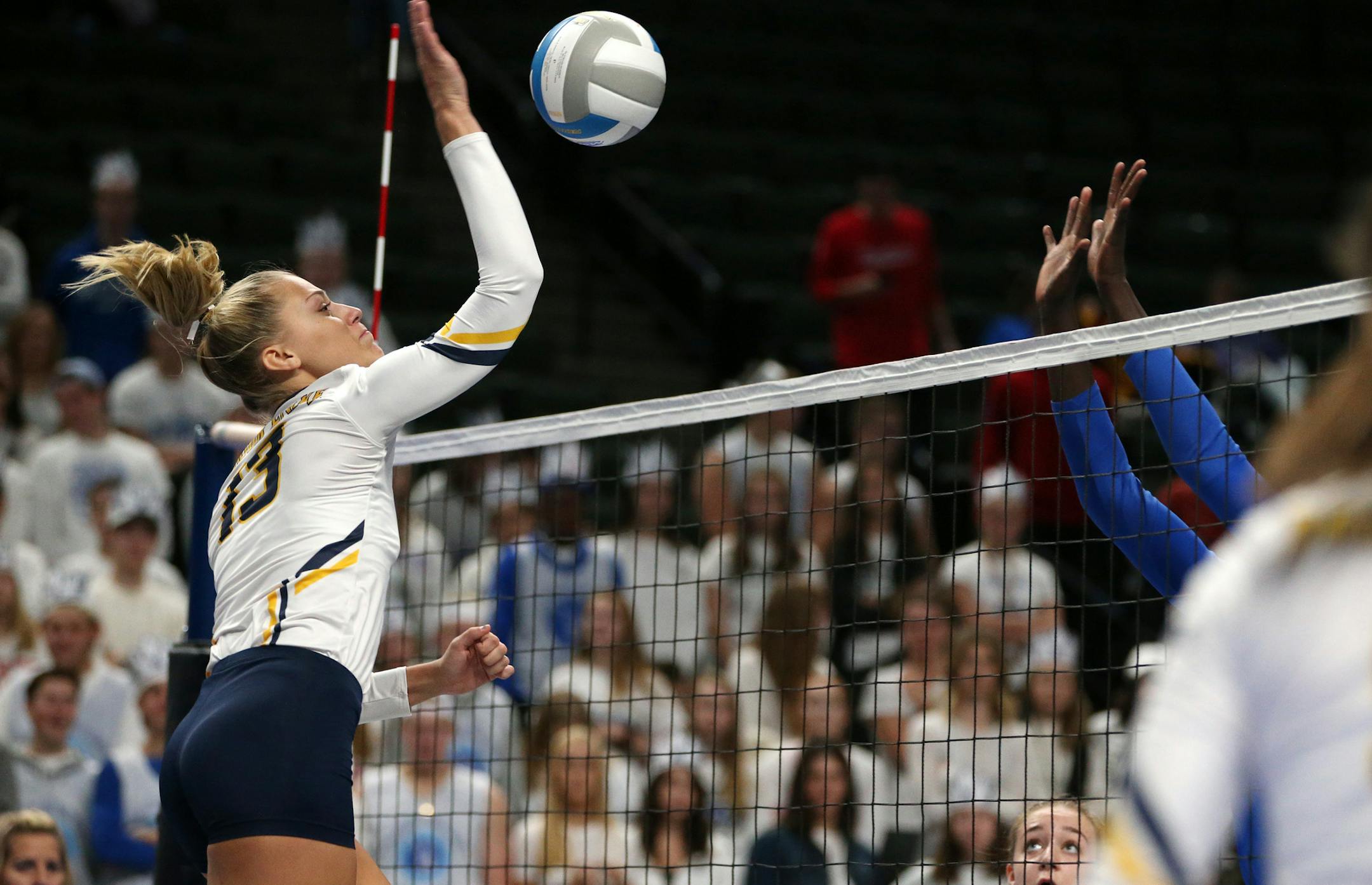 Prior Lake High School's Kayla Bair (13) sent the ball over the net. ] ANTHONY SOUFFLE ï anthony.souffle@startribune.com Game action from a Class 3A volleyball quarterfinal volleyball match between Prior Lake High School and Hopkins High School Thursday, Nov. 9, 2017 at the Xcel Energy Center in St. Paul, Minn.