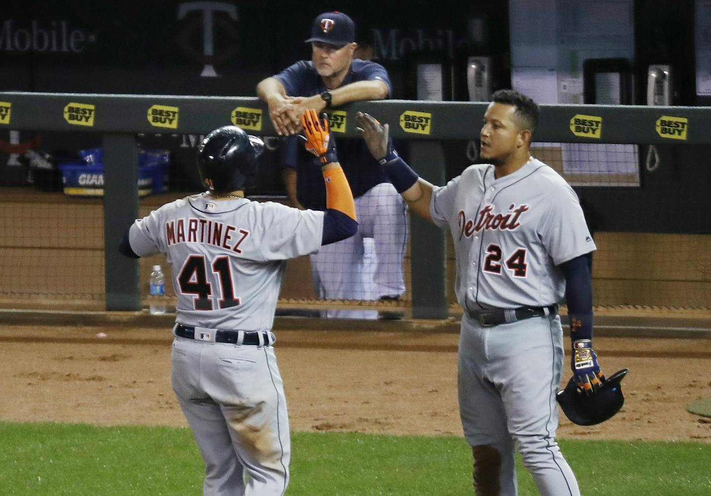 Detroit Tigers Victor Martinez and Miguel Cabrera celebrated Martinez two run homer in the seventh inning at Target Field Tuesday August 23, 2016 in Minneapolis , MN.] The Minnesota Twins hosted the Detroit Tigers at Target Field . Jerry Holt / jerry.Holt@Startribune.com