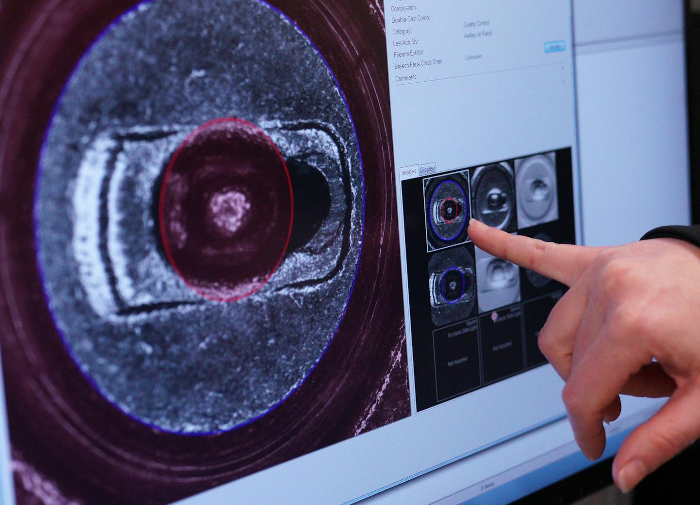 BCA forensic scientist Ashely Fetch pointed out the unique markings on a shell casing as she gave a demonstration on how the agency uses NIBIN technology to trace guns to bullets Wednesday. ] ANTHONY SOUFFLE &#x2022; anthony.souffle@startribune.com Officials from the Bureau of Criminal Apprehension gave a demonstration of how they use NIBIN technology to trace guns to bullets Wednesday, Nov. 6, 2019 at the BCA office building in St. Paul, Minn. NIBIN is a national database of digital images of s