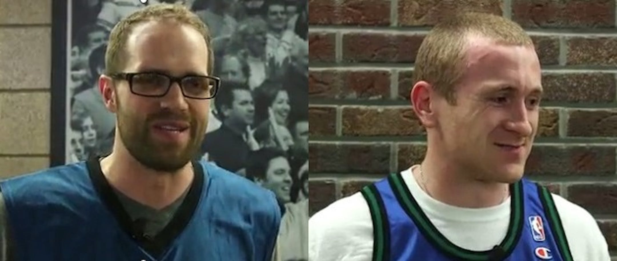 Timberwolves fans Andy Youso, left, and Dean Priddy wore Kevin Garnett jerseys in the Minneapolis skyway on Friday night.