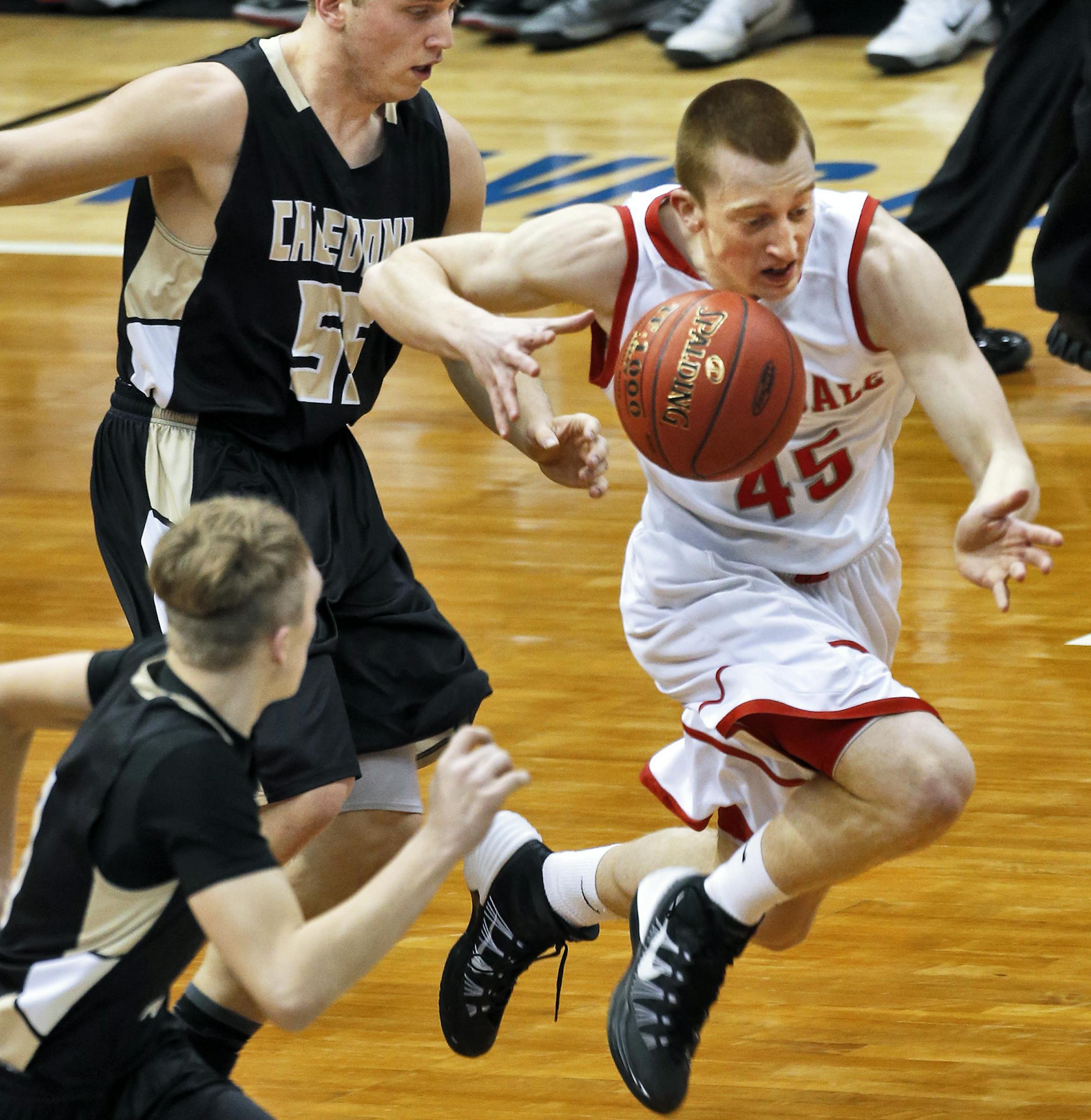 Annandale's Andrew Fort (45) headed down the floor on a fast break. ] Class 2A Boys State Basketball Tournament - Annandale Cardinals vs. Caledonia Warriors . (MARLIN LEVISON/STARTRIBUNE(mlevison@startribune.com)