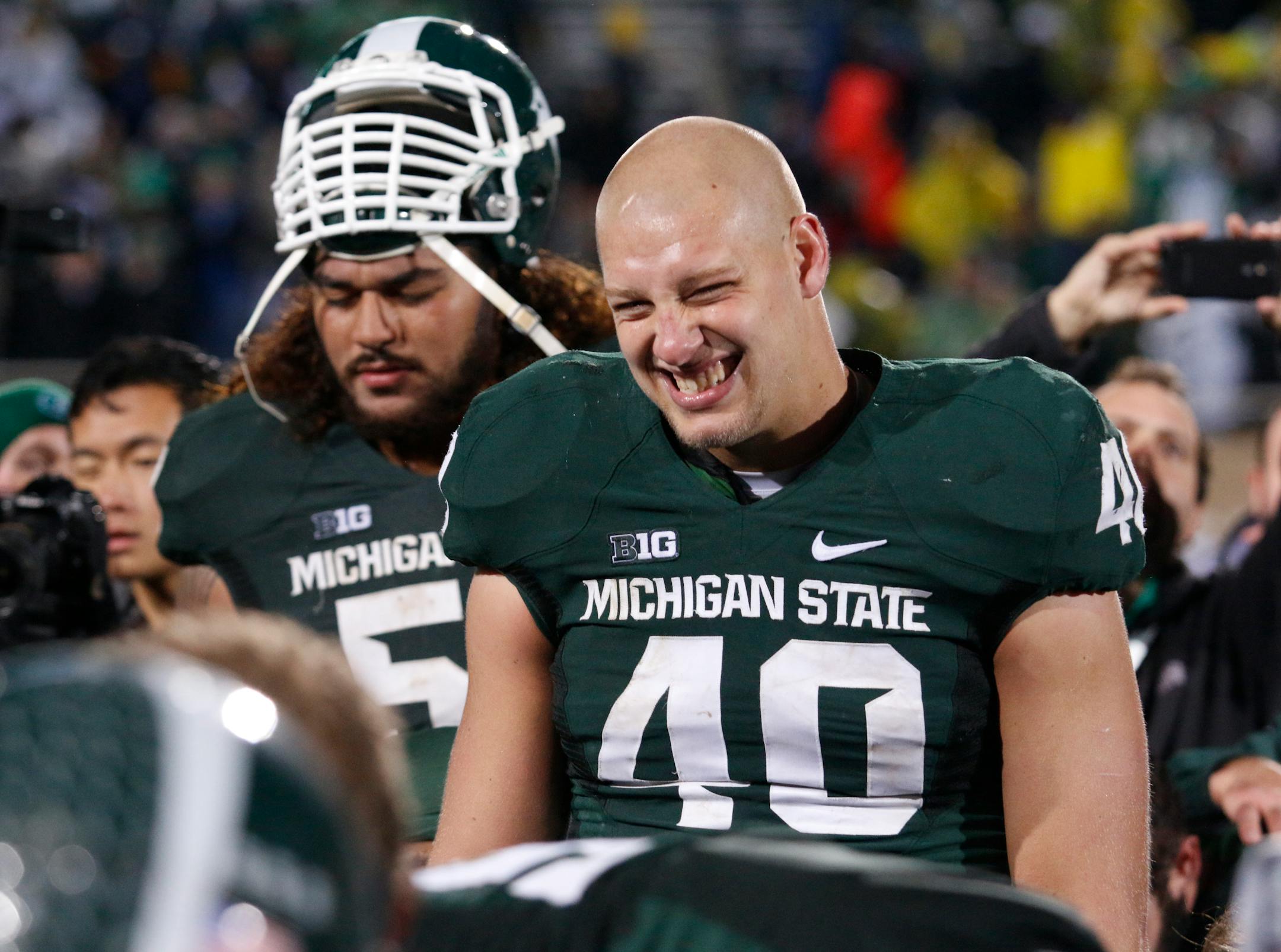 Michigan State linebacker 's Max Bullough, a senior captain, was all smiles following a 29-6 victory over Michigan in November. But Bullough will not play for the Spartans in the Rose Bowl because he has been suspended for a violation of team rules.