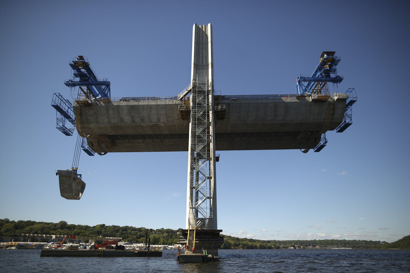 A segment was lifted from a barge beneath pier 9 of the St. Croix Crossing project under construction Thursday afternoon on the St. Croix River near Stillwater. ] JEFF WHEELER &#xa5; jeff.wheeler@startribune.com Problems with ironwork on the St. Croix River bridge were reported to project leaders months before last week's announcement of a major delay in the construction schedule. The St. Croix Crossing construction project was photographed Thursday afternoon, September 10, 2015 on the water of