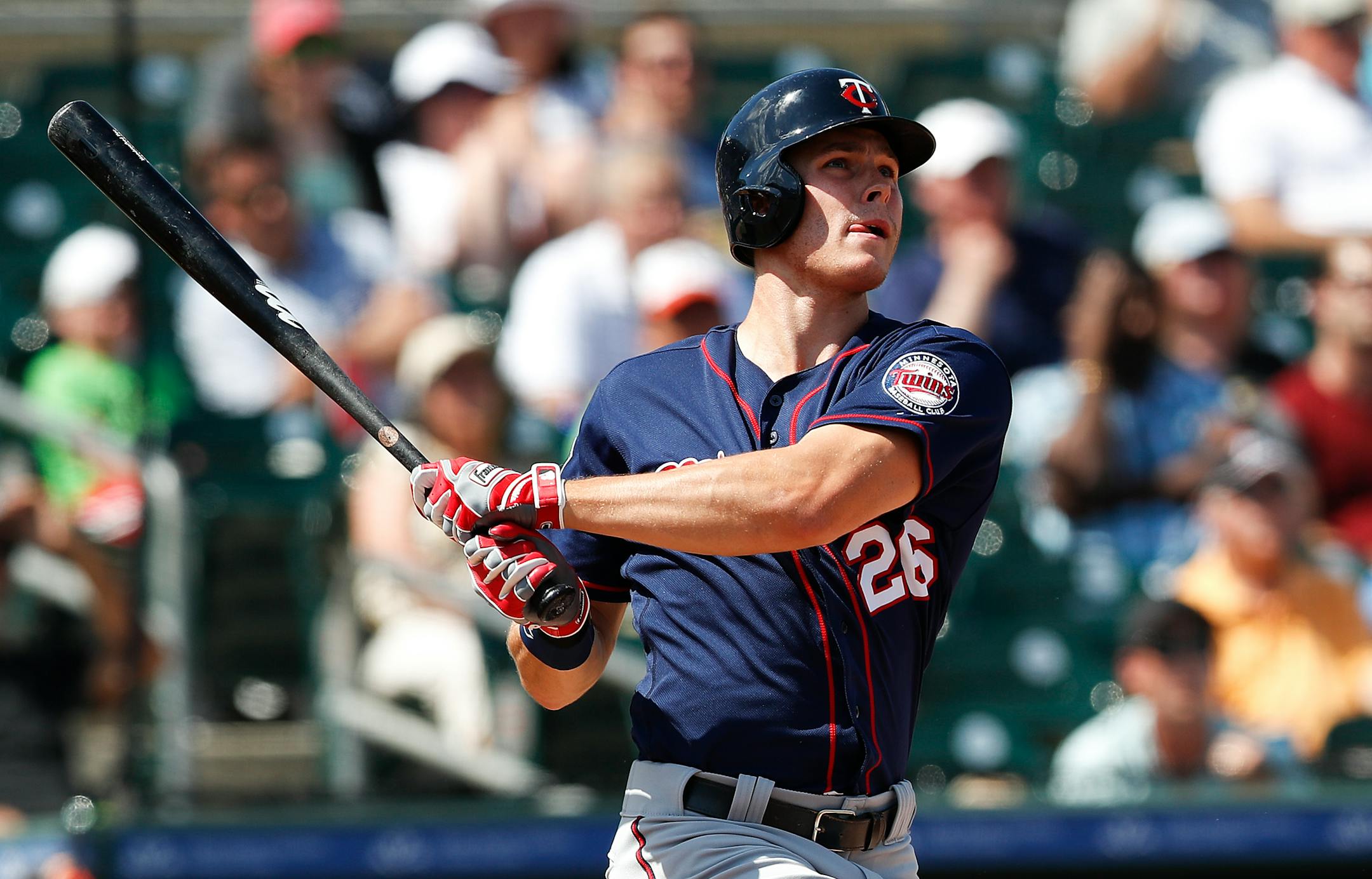 Twins right fielder Max Kepler (26) bats in a spring training baseball game against the Miami Marlins Friday, March 10, 2017, in Jupiter, Fla.