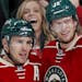 Zach Parise (11) and Eric Staal (12) celebrated after Parise scored an empty net goal in the third period. ] CARLOS GONZALEZ cgonzalez@startribune.com