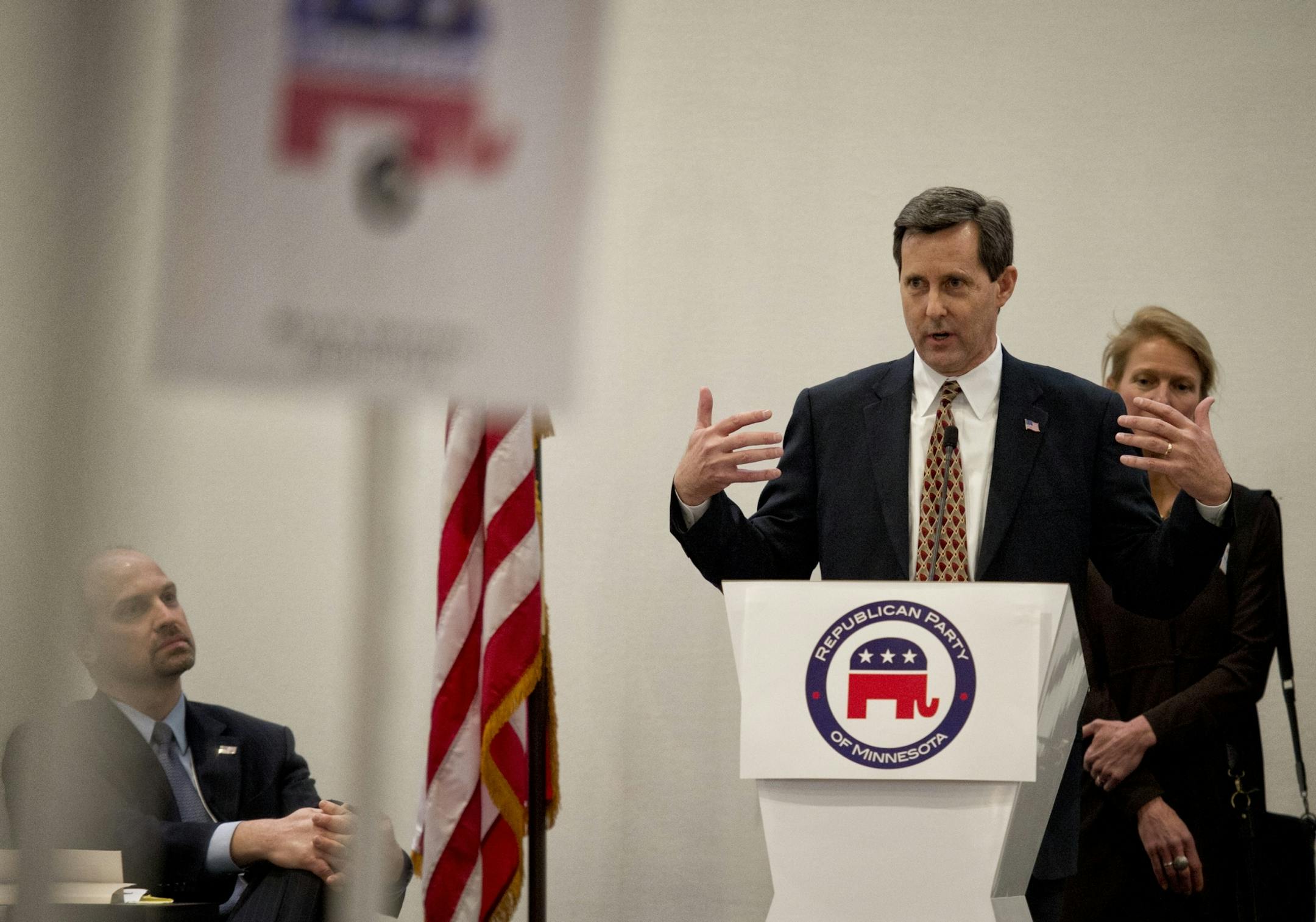 Newly elected chair of the Republican Party of Minnesota Keith Downey addresses the crowd in Bloomington. Saturday, April 6, 2013