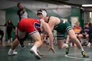 Quin Morgan of Mounds View, left, wrestles Sam Hultmann of Orono at the 2024 Mustang Duals at Mounds View High School in Arden Hills, Minn., on Saturd