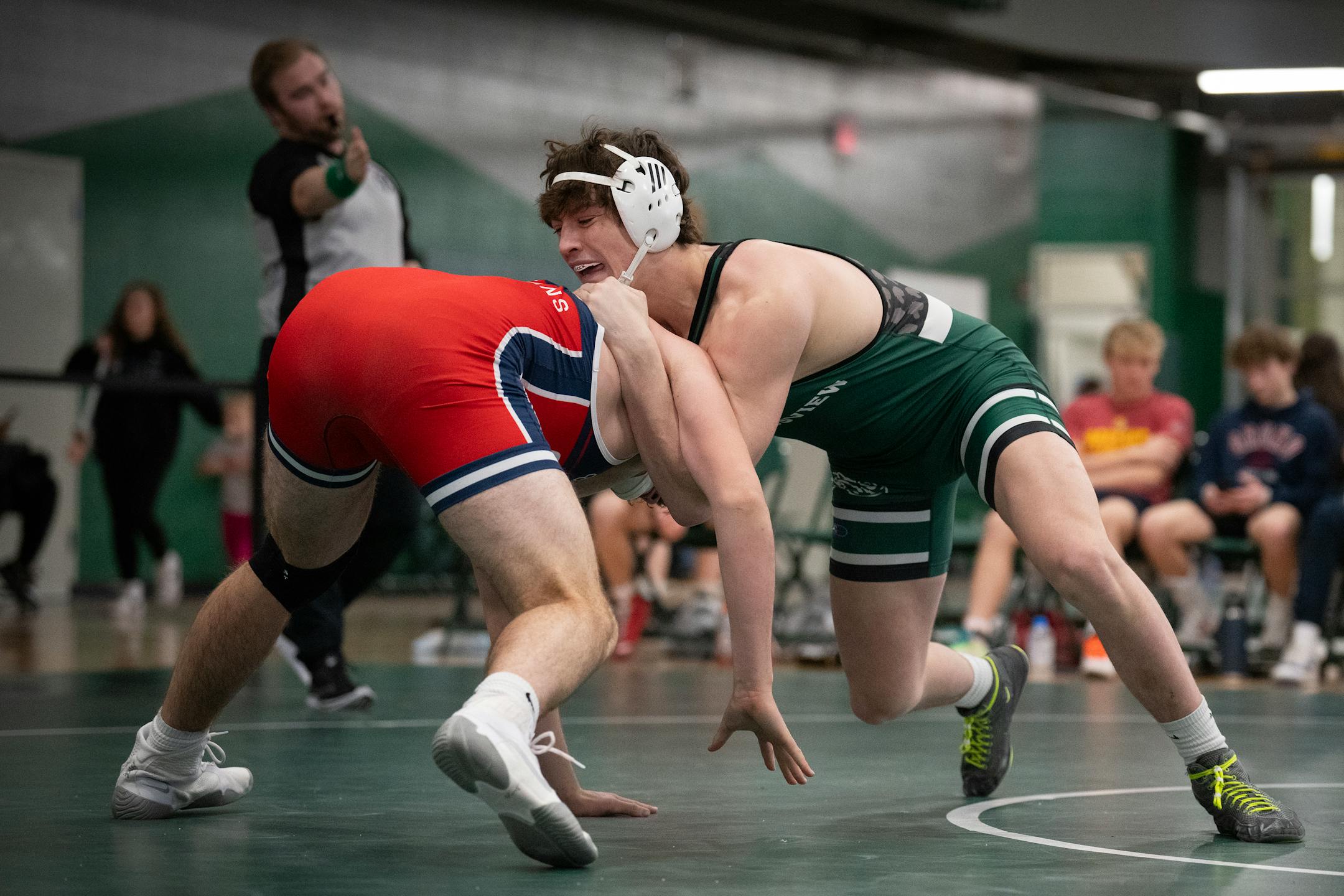 Quin Morgan of Mounds View, left, wrestles Sam Hultmann of Orono at the 2024 Mustang Duals at Mounds View High School in Arden Hills, Minn., on Saturday, Jan. 13, 2024. ] SHARI L. GROSS • shari.gross@startribune.com