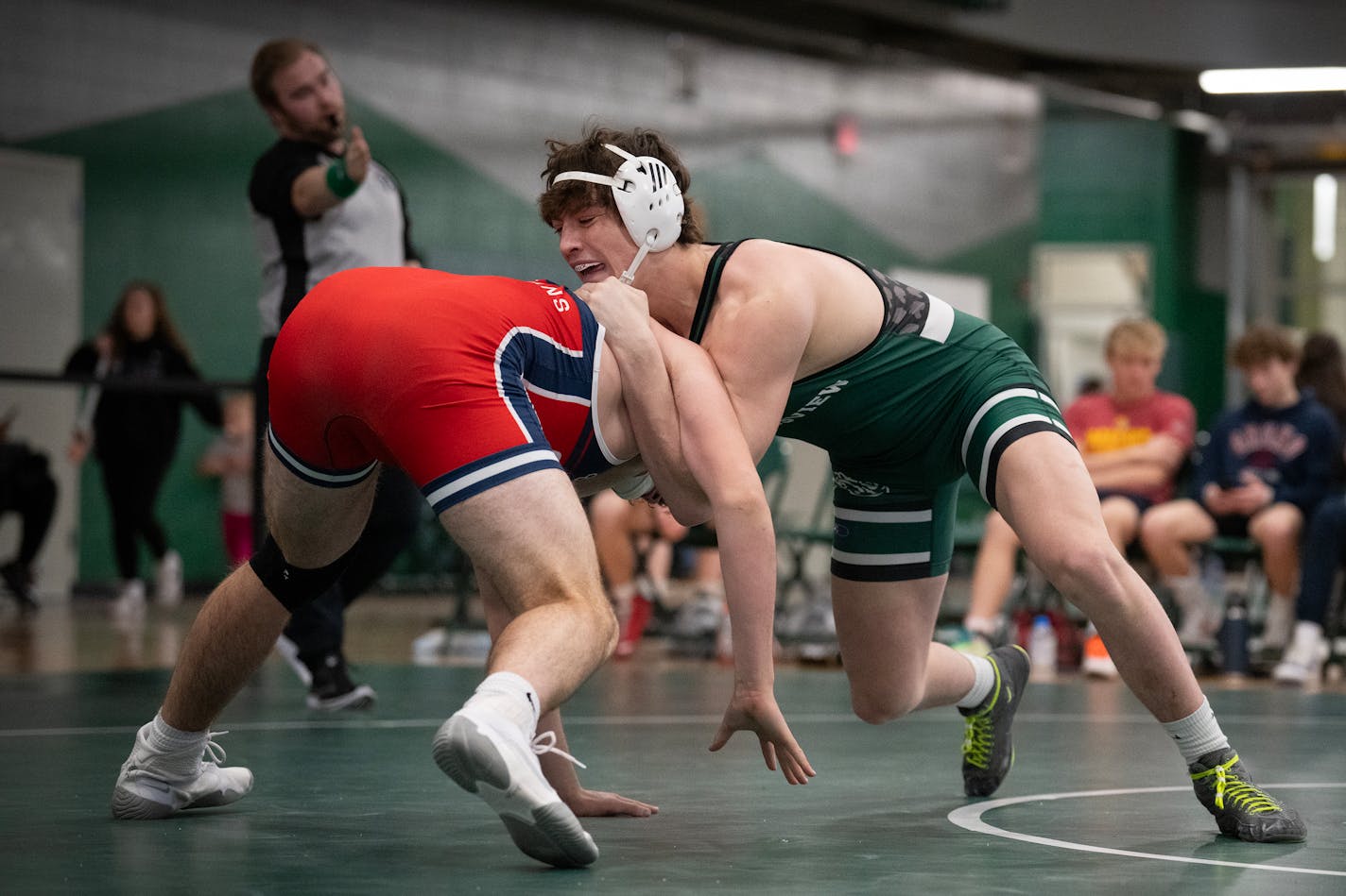 Quin Morgan of Mounds View, left, wrestles Sam Hultmann of Orono at the 2024 Mustang Duals at Mounds View High School in Arden Hills, Minn., on Saturday, Jan. 13, 2024. ] SHARI L. GROSS • shari.gross@startribune.com