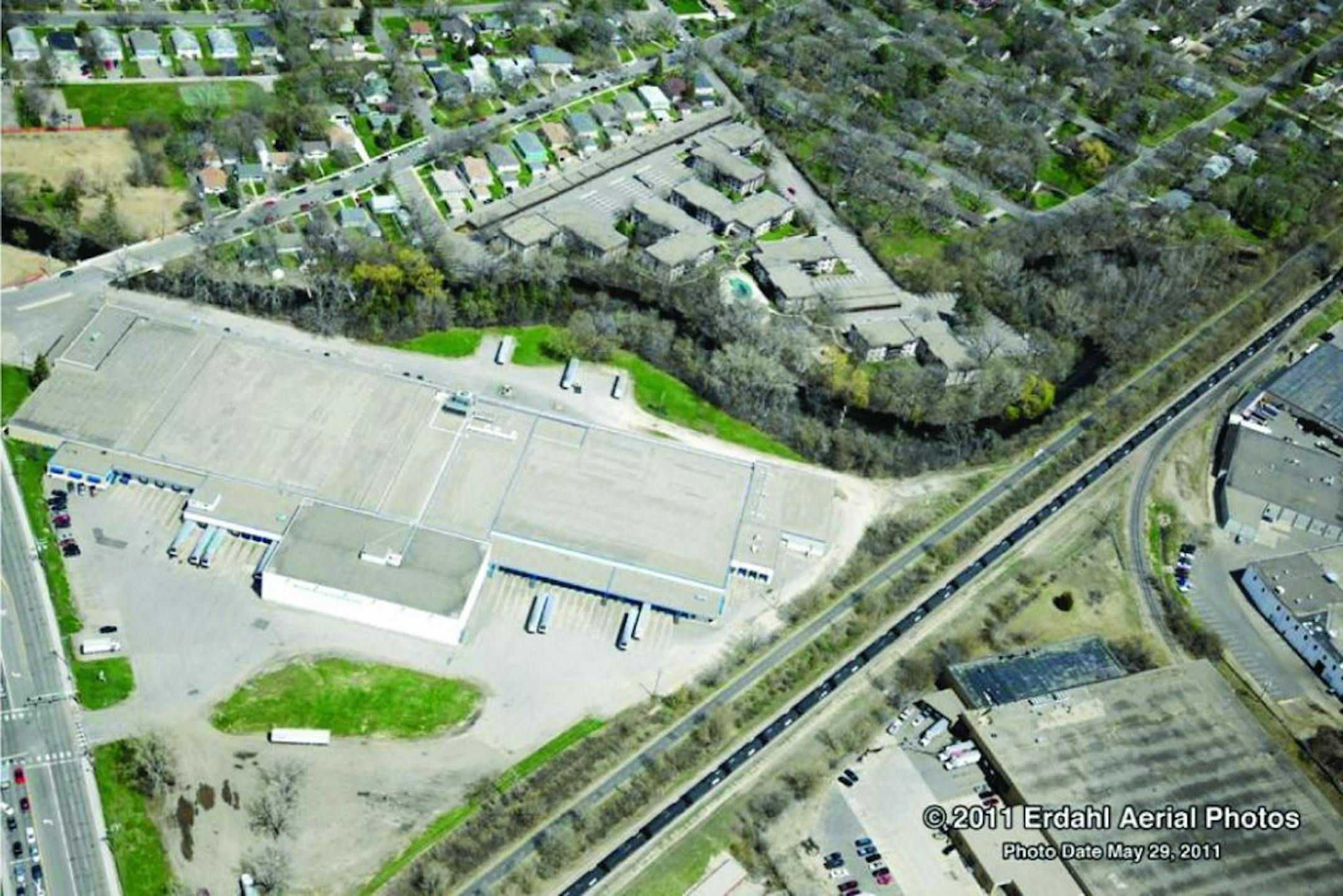 An aerial view of property along Minnehaha Creek in Hopkins, where the watershed district is planning to restore the shoreline.