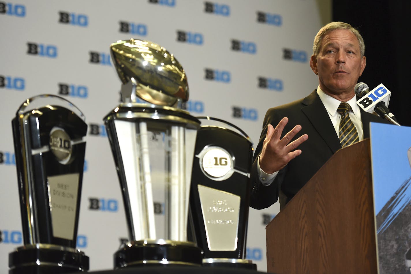 Iowa NCAA college football head coach Kirk Ferentz speaks at Big Ten Media Day in Chicago, Monday, July 24, 2017. (AP Photo/G-Jun Yam)