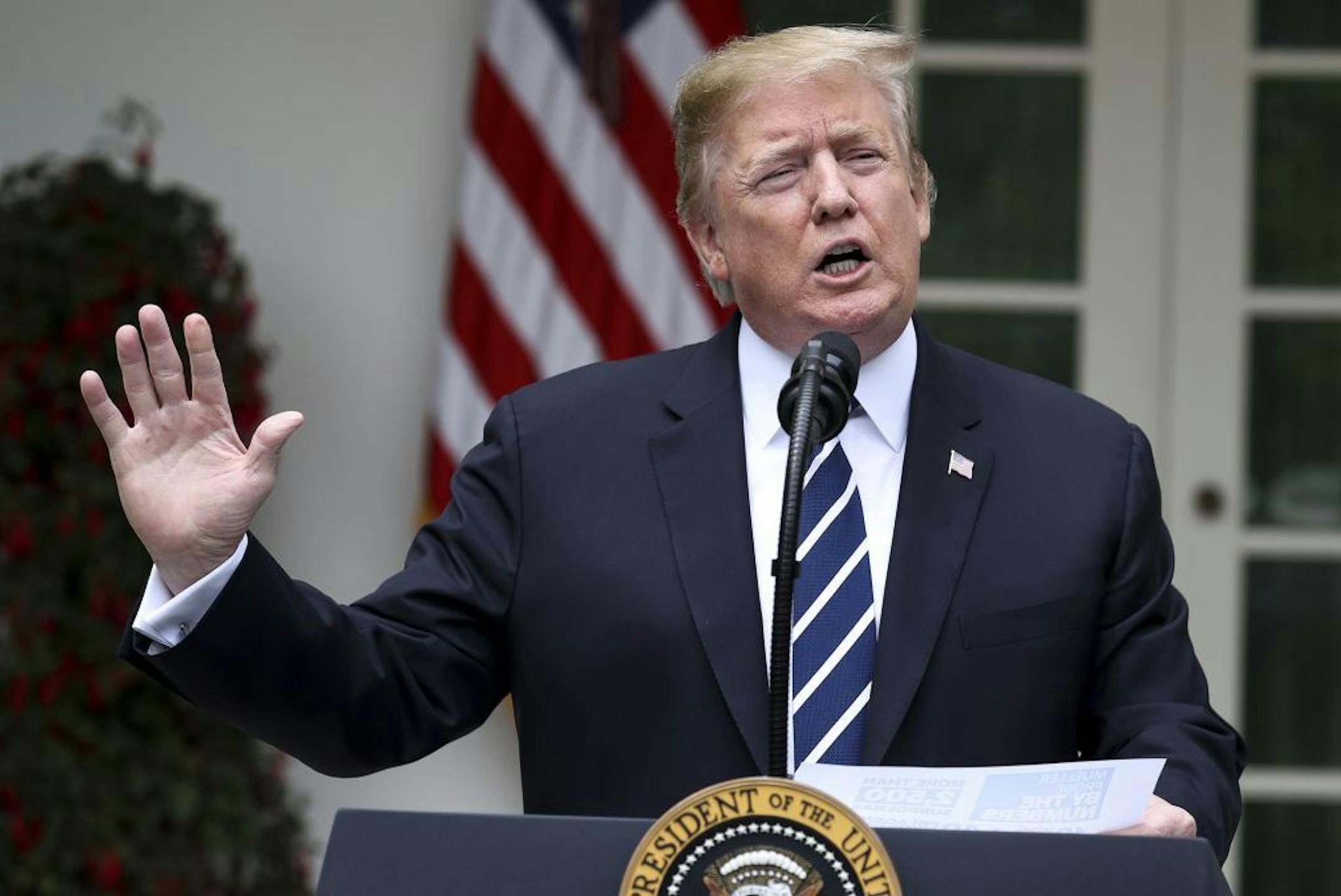 President Donald Trump assailed Democrats in the Rose Garden on Wednesday after walking out of a meeting.