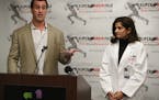 Former NFL player Ben Utecht left and Dr. Uzma Samadani announced during a news conference that the NFL Alumni Association and HCMC will be teaming up