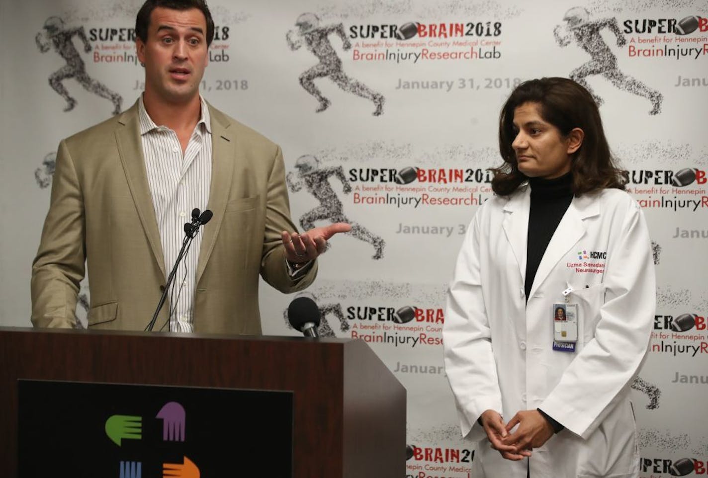 Former NFL player Ben Utecht left and Dr. Uzma Samadani announced during a news conference that the NFL Alumni Association and HCMC will be teaming up for a 5 day fundraiser before the Super Bowl Thursday October 12,2017 in Minneapolis, MN.