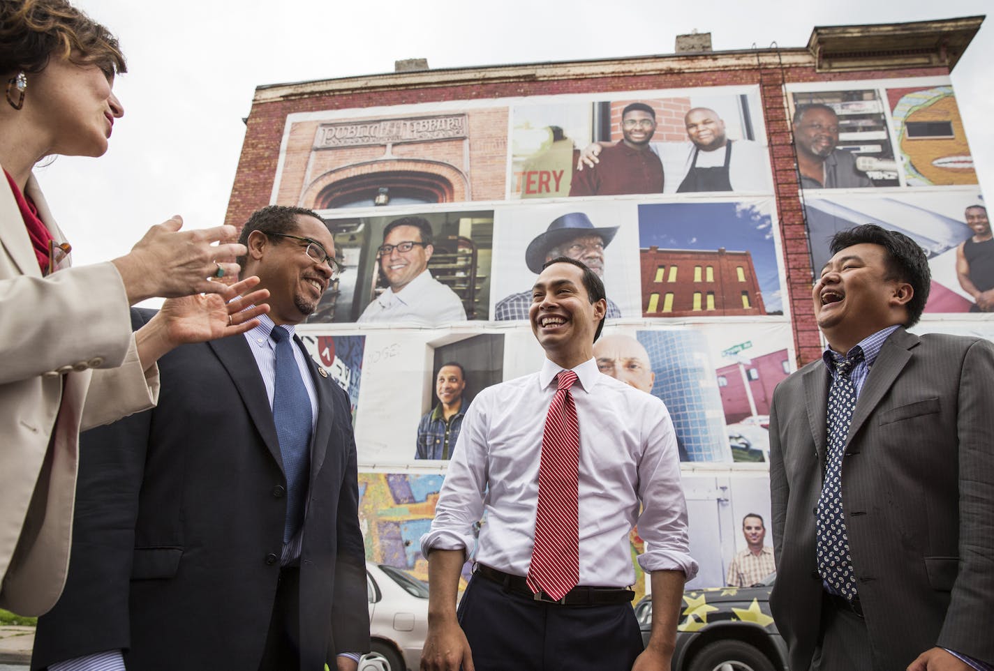 Minneapolis Mayor Betsy Hodges, from left, U.S. Rep. Keith Ellison, U.S. Department of Housing and Urban Development (HUD) Secretary Juli&#xb7;n Castro and Minneapolis city councilman Blong Yang tour the Minneapolis Promise Zone in north Minneapolis on Thursday, August 6, 2015. ] LEILA NAVIDI leila.navidi@startribune.com / BACKGROUND INFORMATION: In April, HUD announced the expansion of the Promise Zones Initiative to eight additional cities from across the country, including Minneapolis, MN.