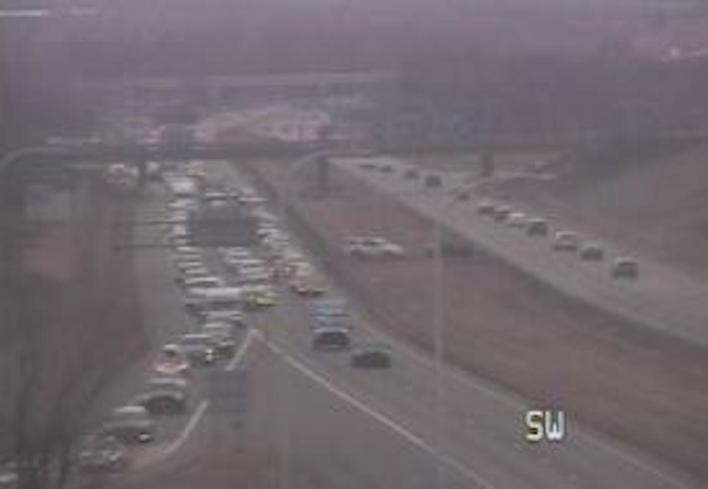 Minnesota Department of Transportation camera shows traffic being diverted off I-694 in Oakdale.