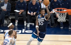 Julius Randle takes flight during the Timberwolves' victory Saturday night in Game 3 of the Western Conference finals at Target Center.