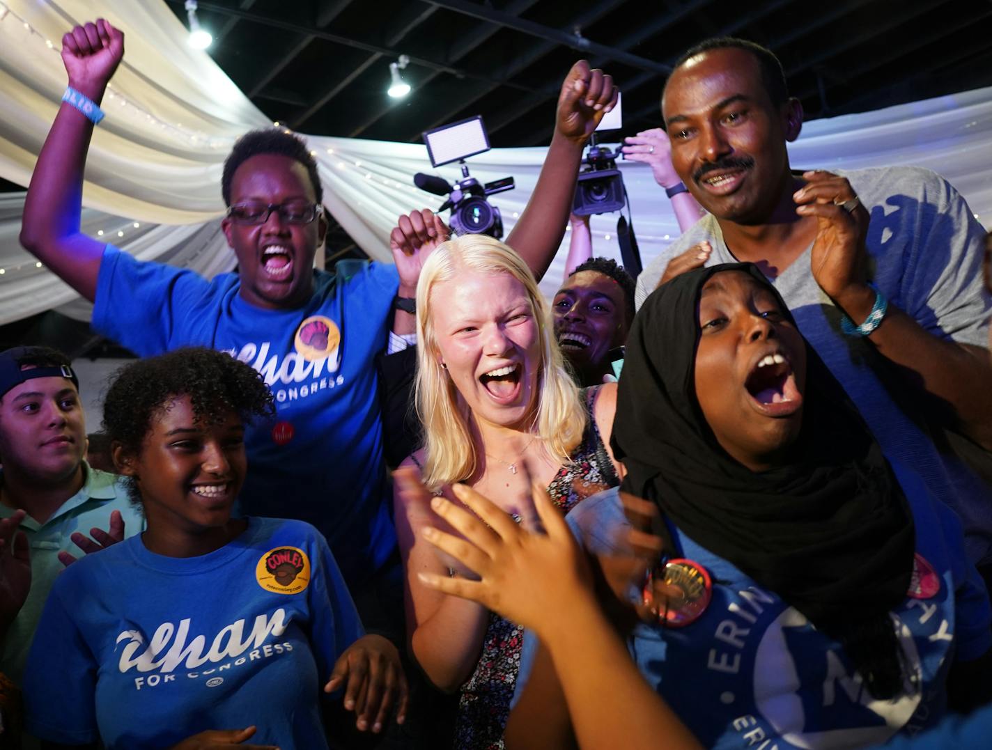 ] MARK VANCLEAVE &#xef; mark.vancleave@startribune.com * Supporters of congressional district five candidate Ilhan Omar gathered at Safari Restaurant in south Minneapolis.