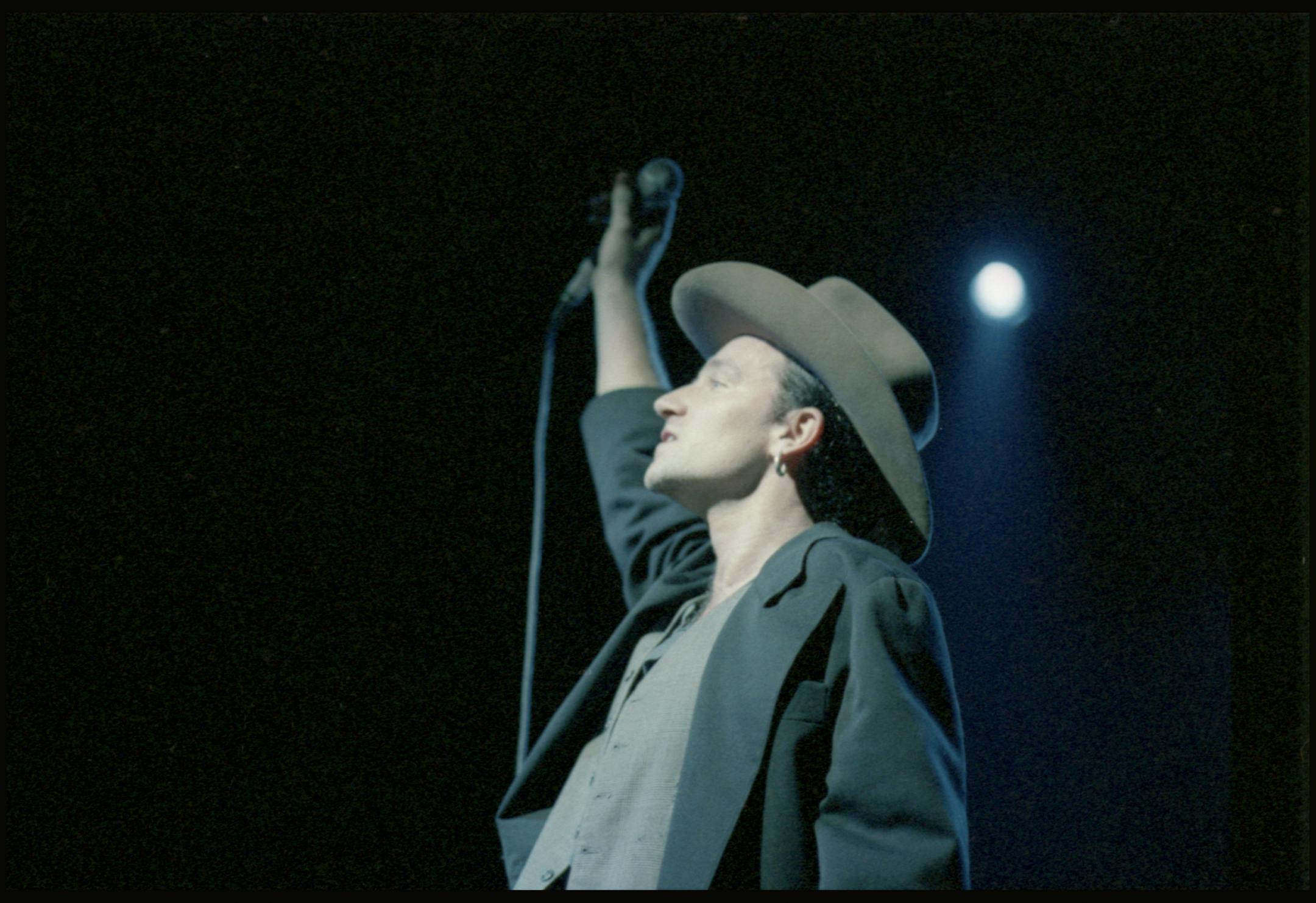 A file photo showing Bono on the "Joshua Tree" tour at the St. Paul Civic Center in 1987.