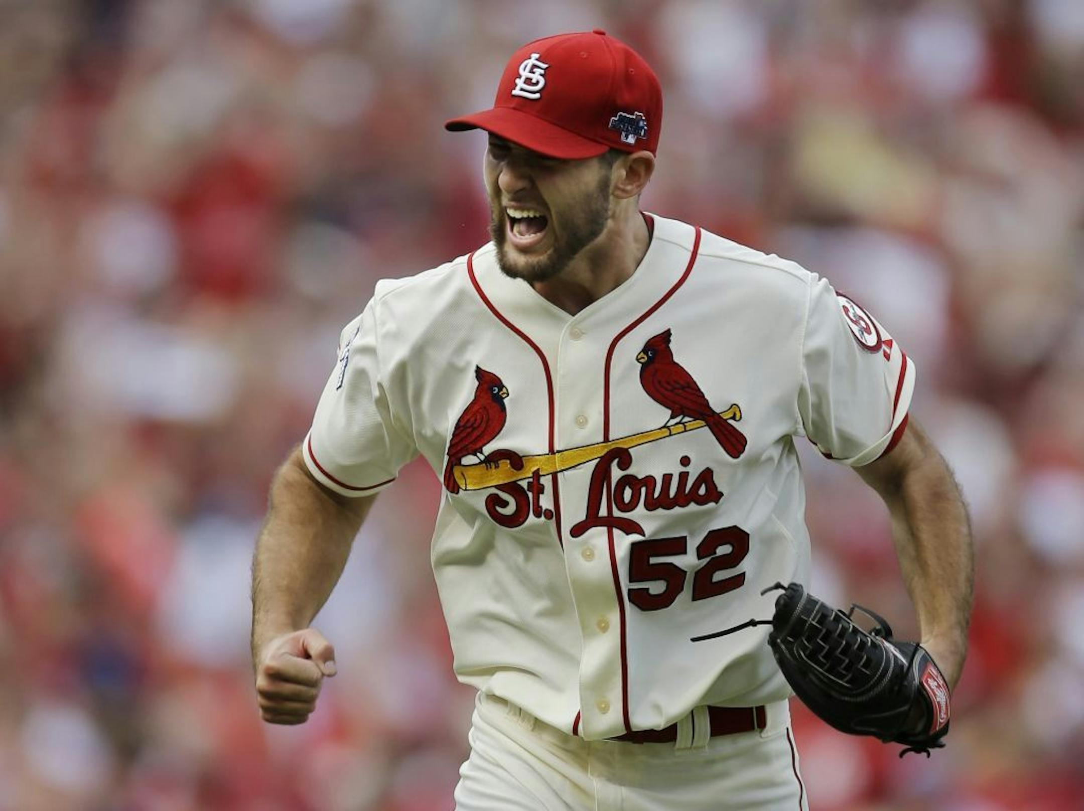 St. Louis Cardinals starting pitcher Michael Wacha celebrates after striking out Los Angeles Dodgers' Juan Uribe with bases loaded to end the sixth inning of Game 2 of the National League baseball championship series Saturday, Oct. 12, 2013, in St. Louis.