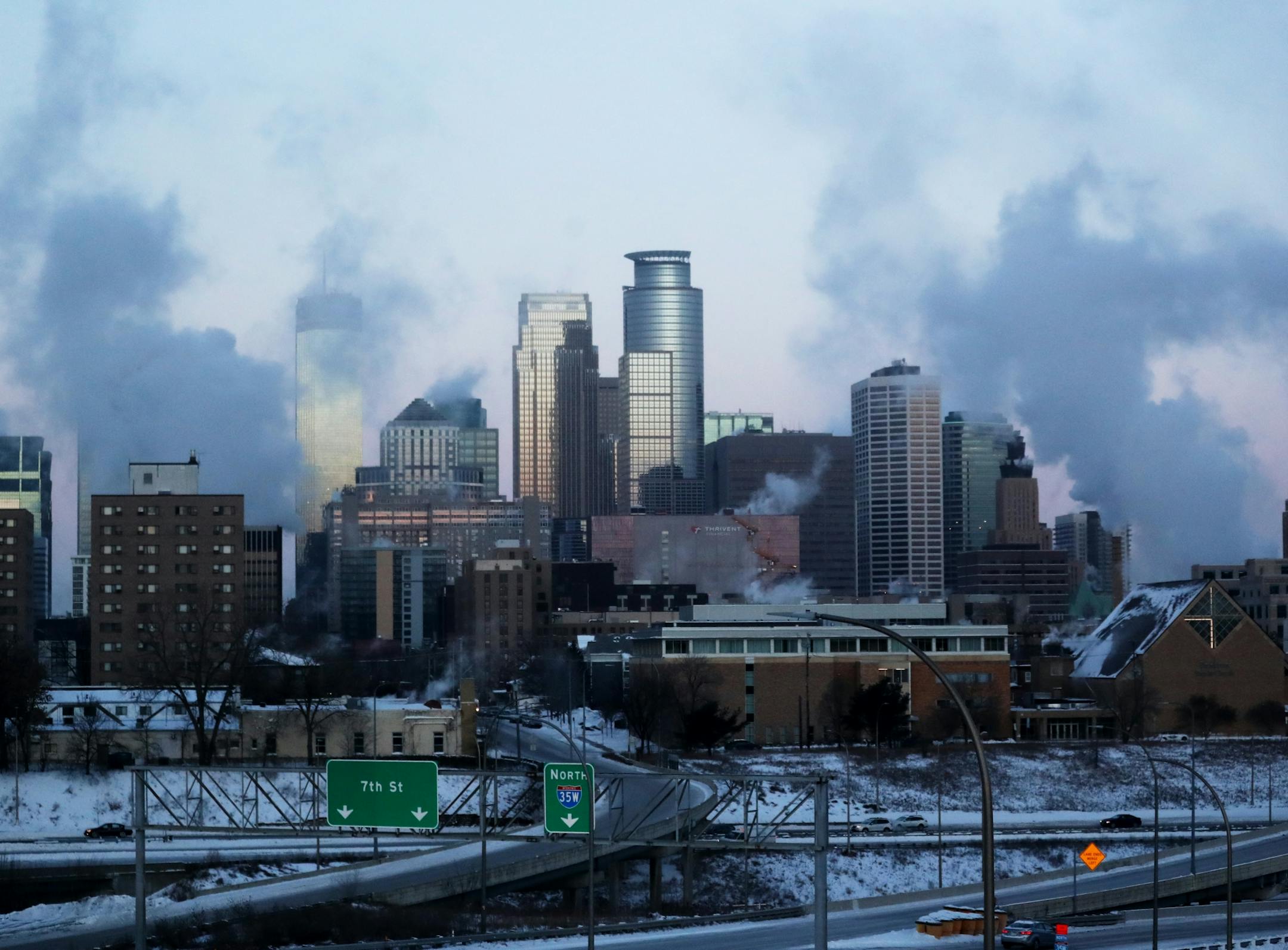 With wind chills below minus 50 degrees the Minneapolis skyline is visible Wednesday, Jan. 30, 2019, in Minneapolis, MN.