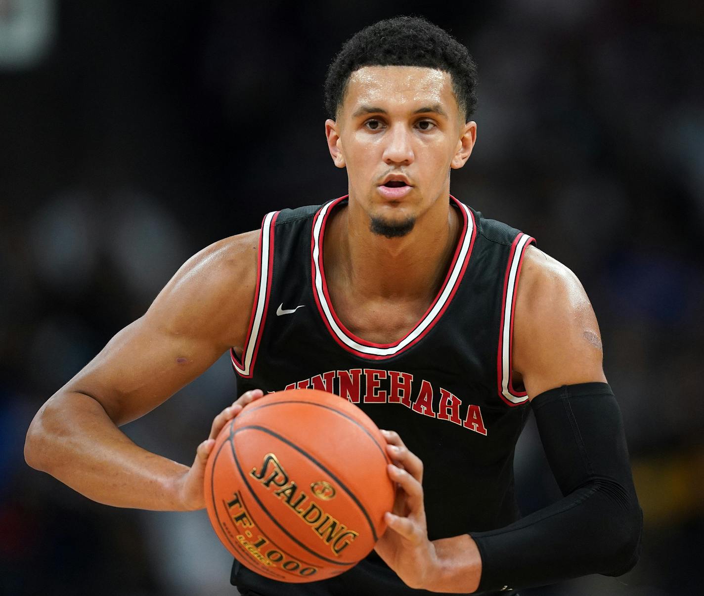 Minnehaha guard Jalen Suggs (1) passed the ball down the court in the first half. ] ANTHONY SOUFFLE &#x2022; anthony.souffle@startribune.com Minnehaha Academy played Sierra Canyon in an ESPN televised boys' basketball showcase game Saturday, Jan. 4, 2020 at Target Center in Minneapolis.