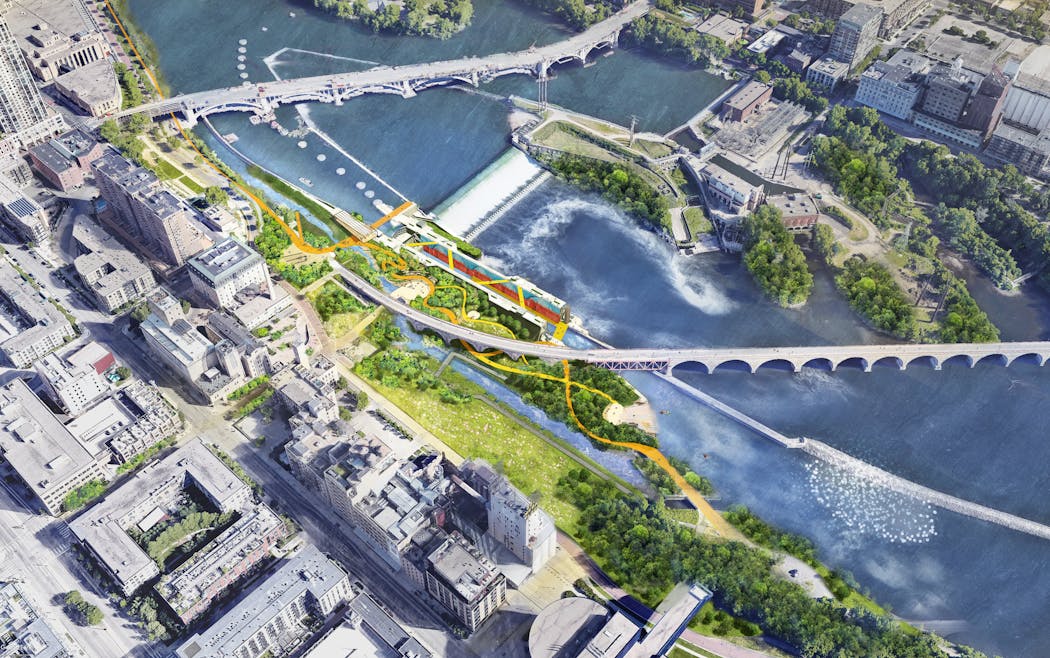 Rendering of early plans for Minneapolis’ riverfront show winding paths and gathering spaces for ceremony and healing.