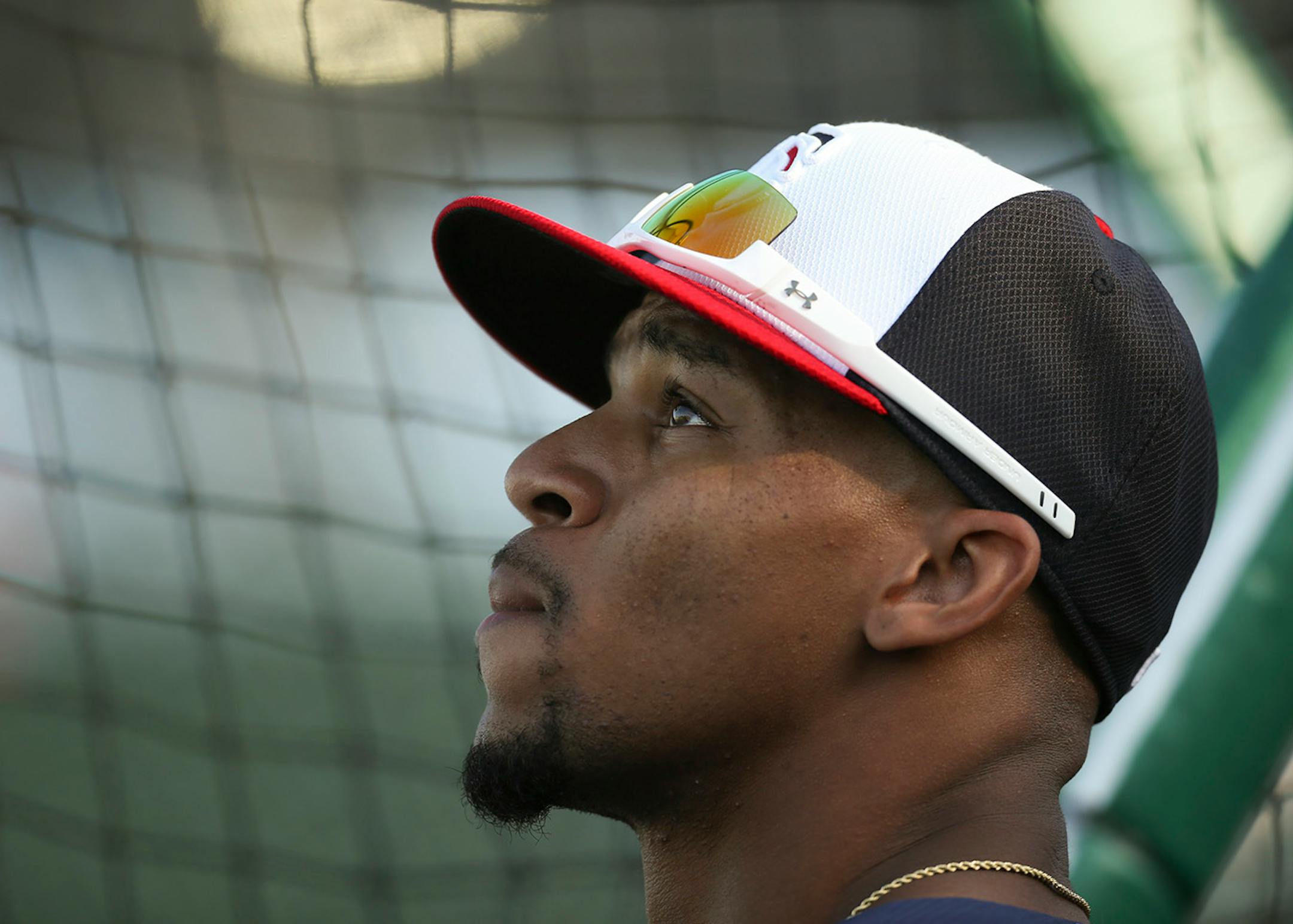 Twins center fielder Byron Buxton awaited his turn during batting practice before Thursday night's game against the Red Sox at Hammond Stadium.