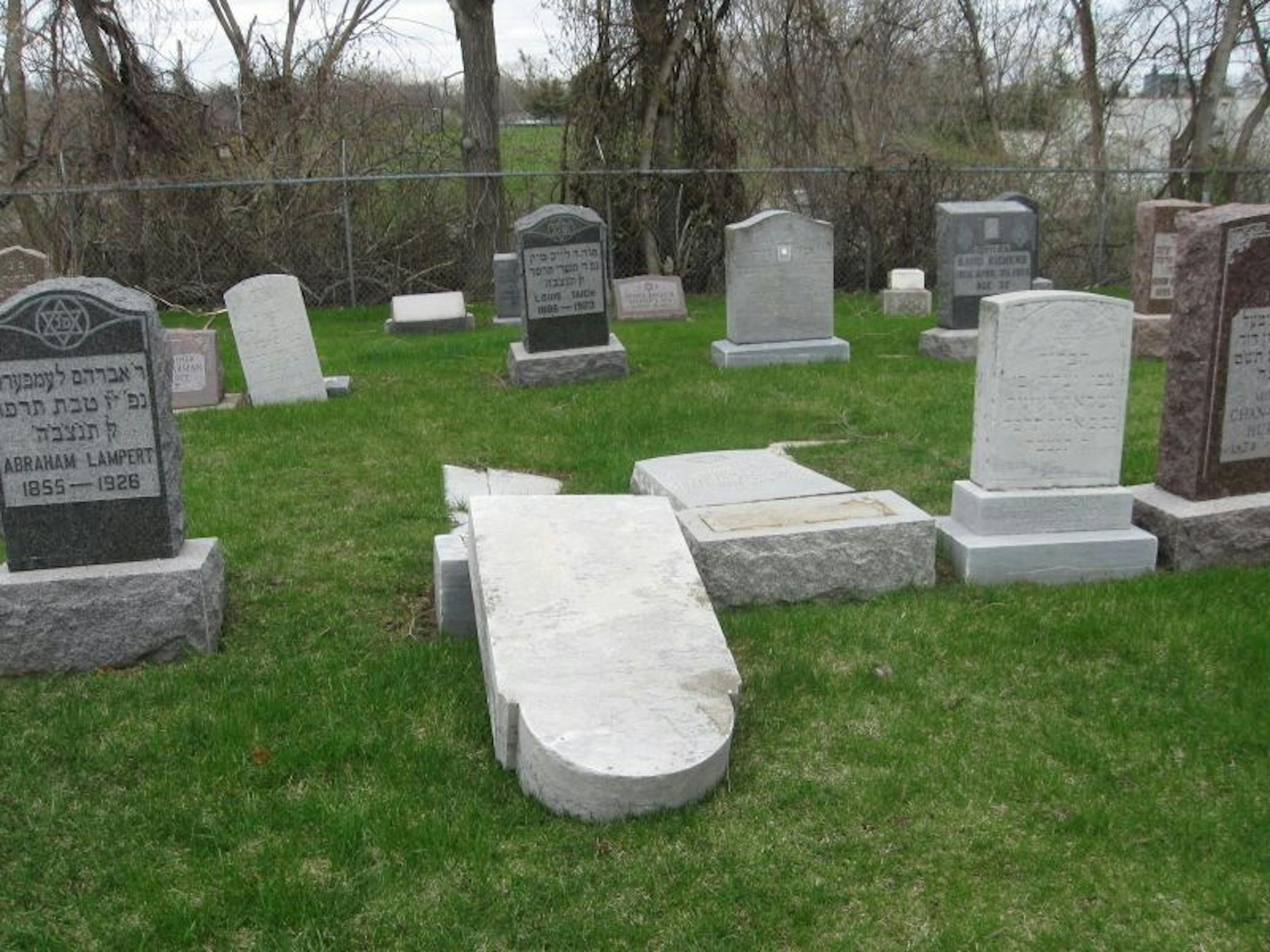 Vandals tipped 24 monuments during a second sweep through Adath Chesed Shel Emes Cemetery.