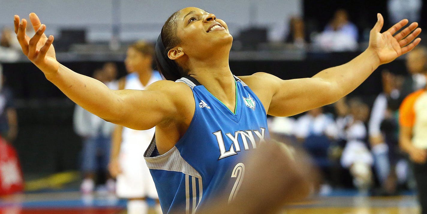 Maya Moore of the Minnestoa Lynx reacts in the final seconds of an 86-77 win against the Atlanta Dream in Game 3 of the WNBA Finals on Thursday, October 10, 2013, at The Arena at Gwinnett Center in Duluth, Georgia. The Lynx sweapt the Dream for their second title in three seasons. (Curtis Compton/Atlanta Journal-Constitution/MCT) ORG XMIT: 1144280 ORG XMIT: MIN1310102308564392 ORG XMIT: MIN1310111121044571