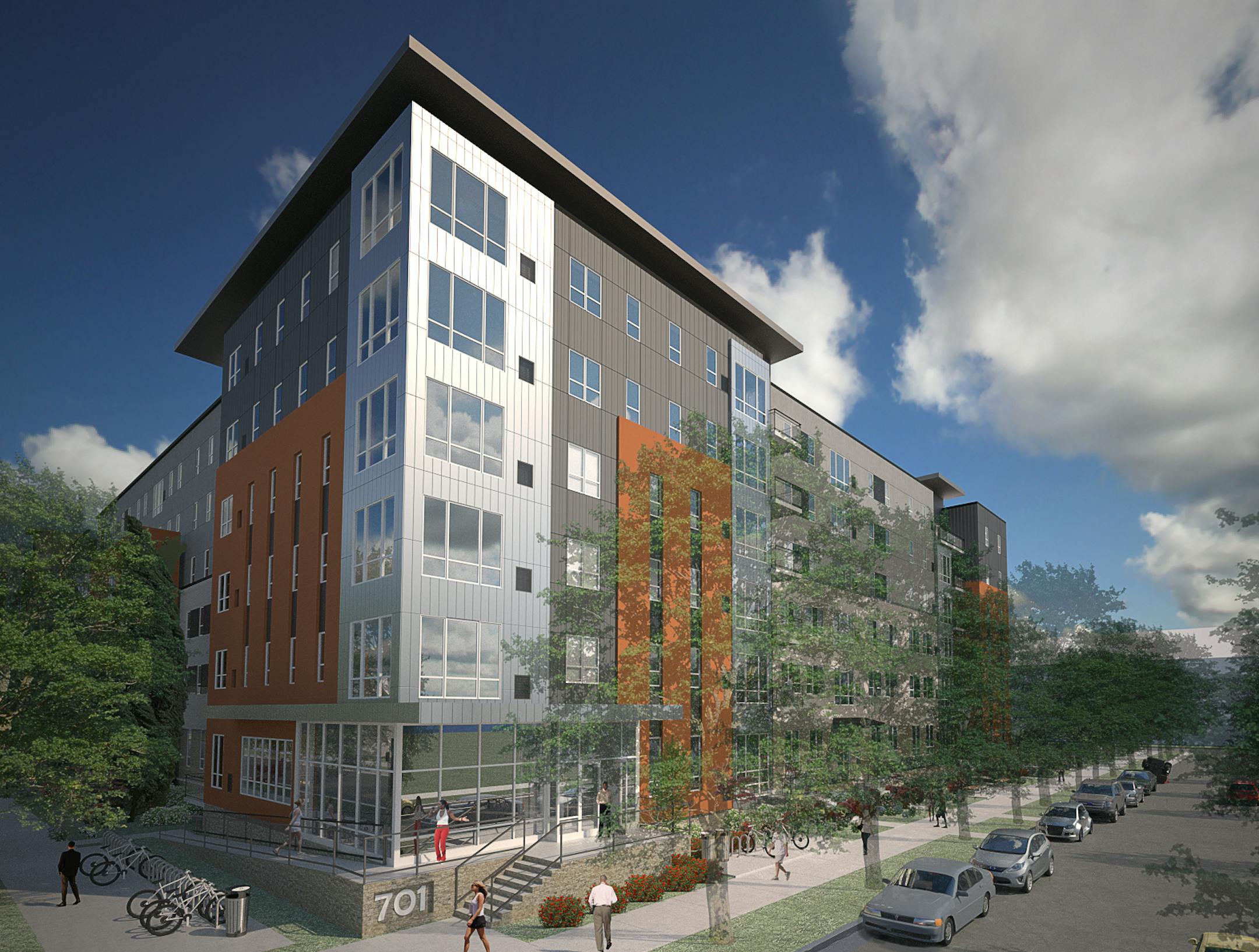 The Rollins Court condominiums, just 12 years old, will be demolished to make way for CPM's apartment complex along 15th Av. SE in Minneapolis. The 701 15th Av. project, with 202 apartments, will embrace a ‚ÄúMinnesota lake living concept.‚Äù credit: Cuningham Group Architecture, Inc. ORG XMIT: MIN1404231435340371