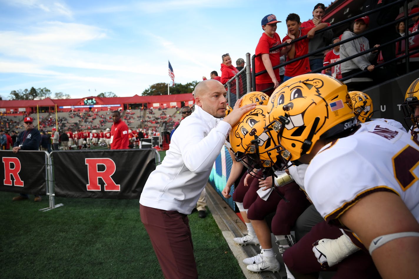 Gophers head coach P.J. Fleck led his team onto the field for the second half Saturday against Rutgers. ] Aaron Lavinsky • aaron.lavinsky@startribune.com The Gophers played Rutgers on Saturday, Oct. 19, 2019 at SHI Stadium in Piscataway, N.J..