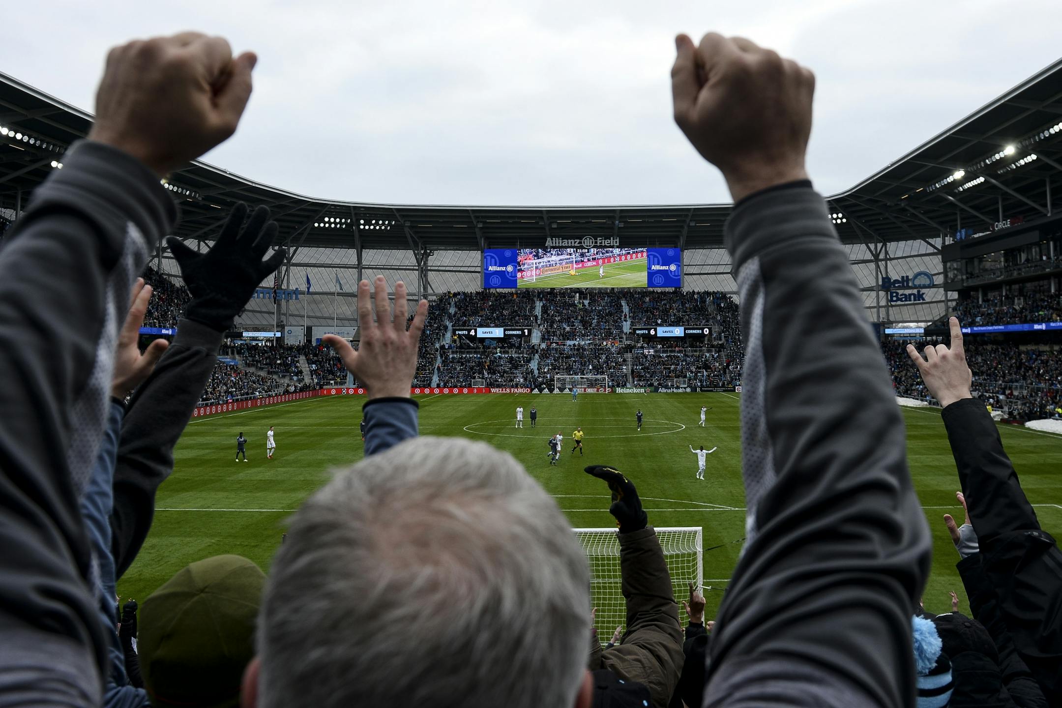Fans celebrated after an own goal by New York City goalkeeper Sean Johnson (1) in the first half.