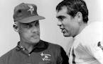 November 4, 1967 Bud Grant (left) With Joe Kapp Coach, Quarterback in strategy huddle. September 6, 1967 Charles Bjorgen, Minneapolis Star Tribune