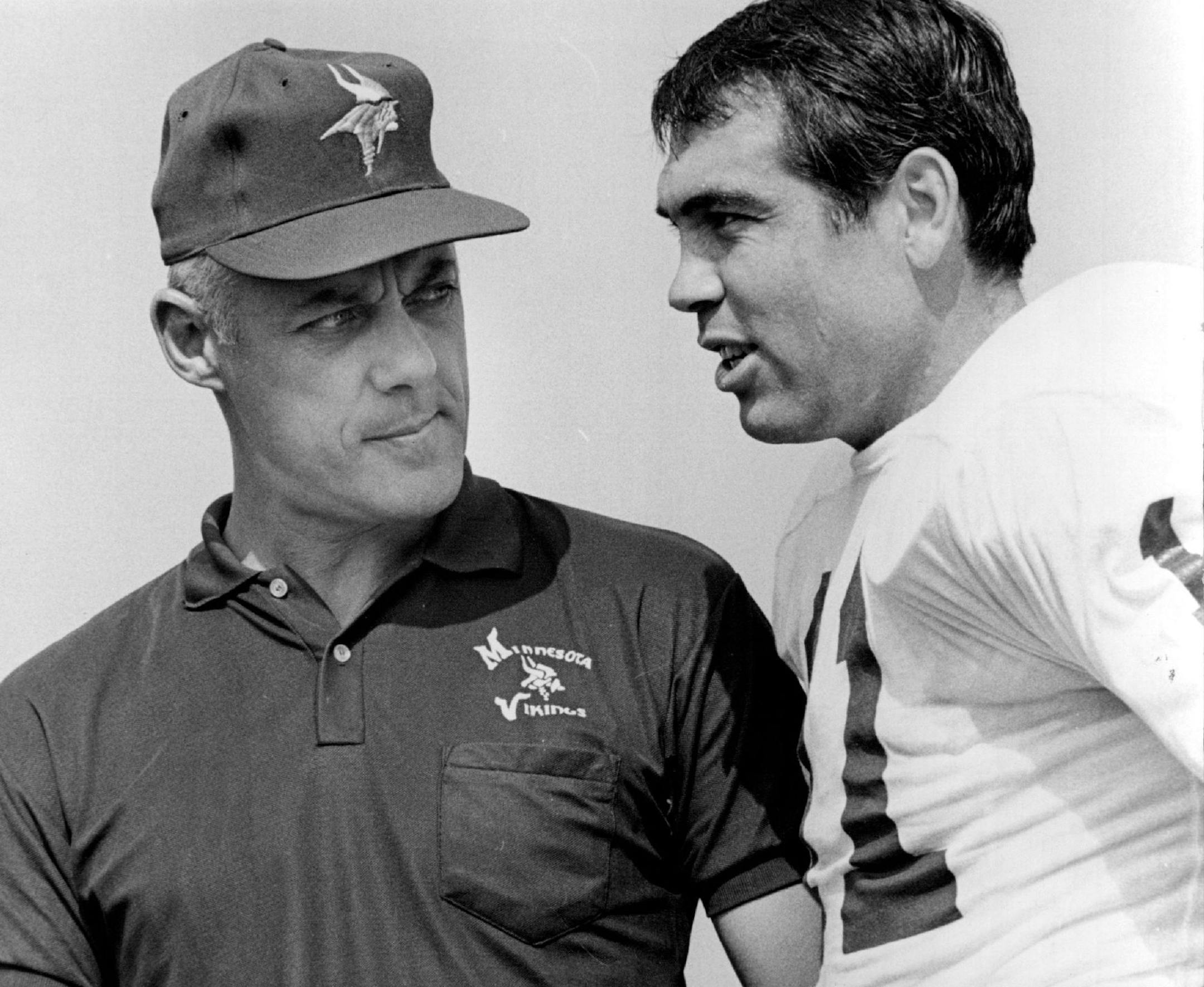 November 4, 1967 Bud Grant (left) With Joe Kapp Coach, Quarterback in strategy huddle. September 6, 1967 Charles Bjorgen, Minneapolis Star Tribune
