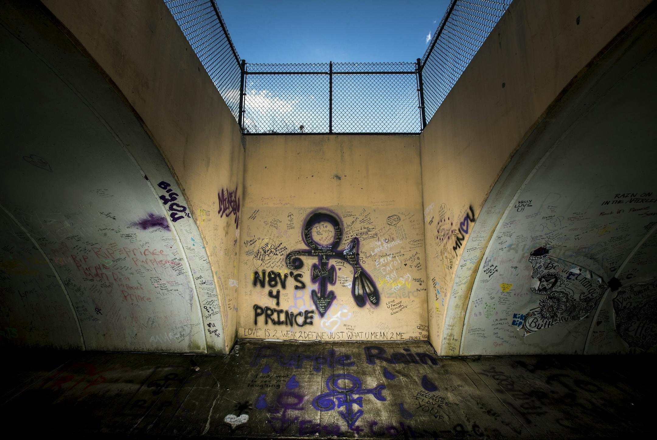 Prince fans have left messages and art on the underpass between Lake Ann Park and Paisley Park in Chanhassen.