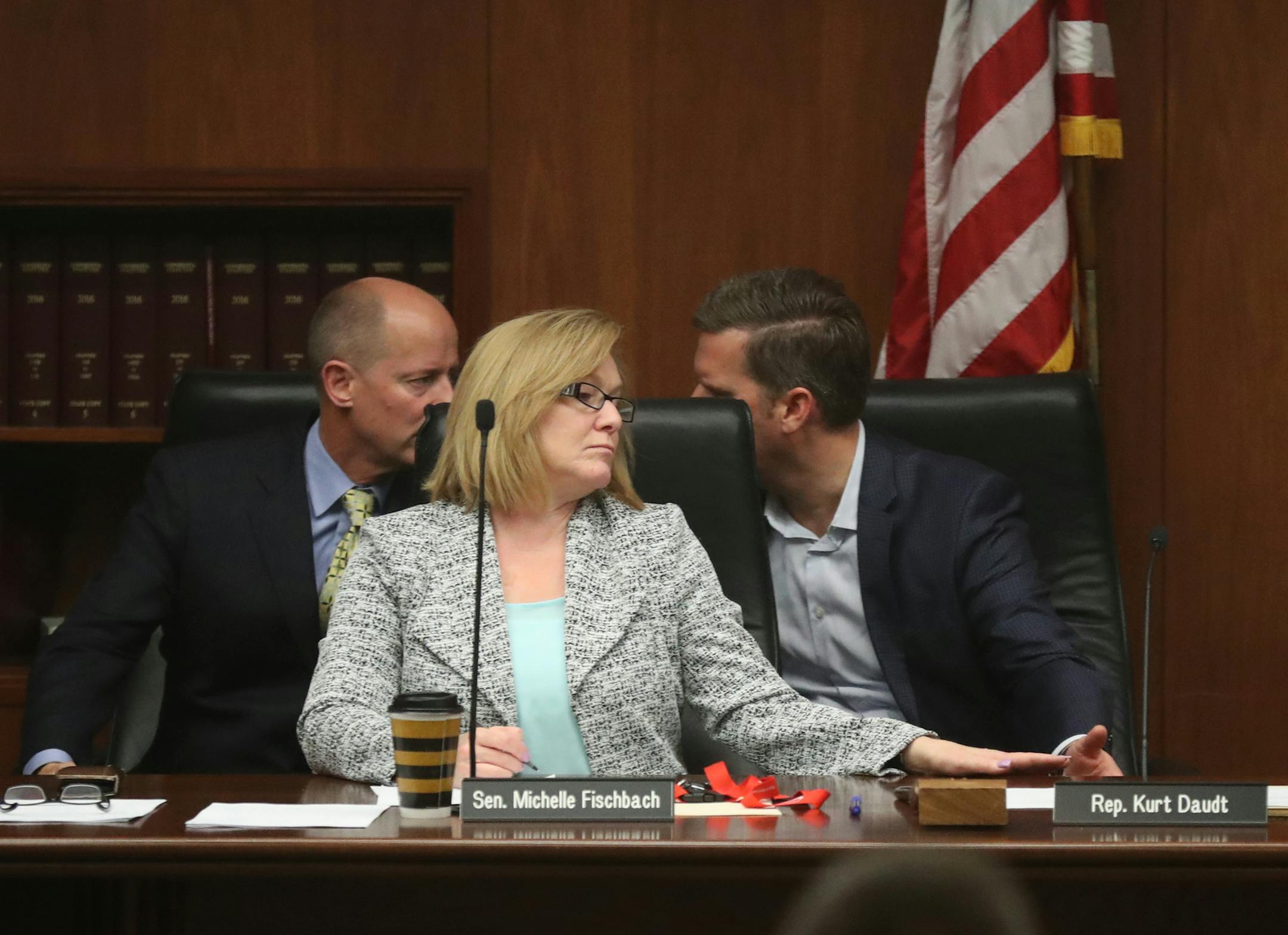After The Minnesota Supreme Court upheld Gov. Mark Dayton&#xed;s veto of the budget of the state House and Senate, Minnesota House Speaker Kurt Daudt, right, chair of Legislative Coordinating Commission, chats with Senate Majority Leader Paul Gazelka, left, as Sen. Michelle Fischbach listens Thursday, Nov. 16, 2017, at the State Office in St. Paul, MN.]
DAVID JOLES &#xef; david.joles@startribune.com A decision is expected from the Minnesota Supreme Court on Thursday morning in the monthslong leg