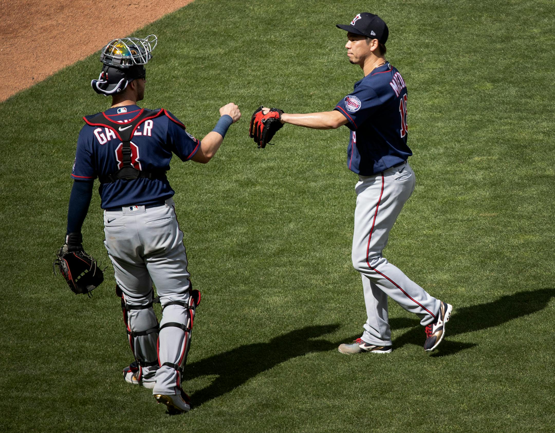 Twins catcher Mitch Garver and pitcher Kenta Maeda during an intrasquad game at Target Field.