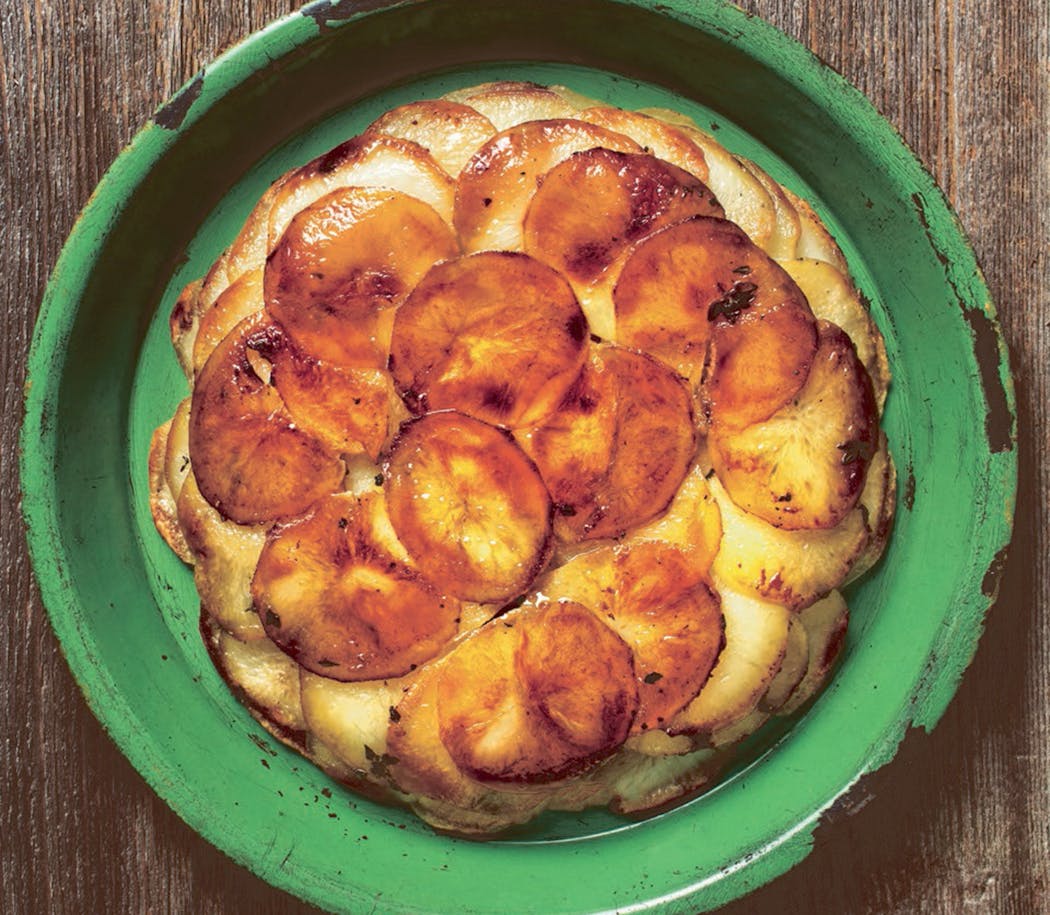 Sweet Potato and Turnip Pommes Anna from “The Decadent Vegetable Cookbook” from Cider Mill Press.