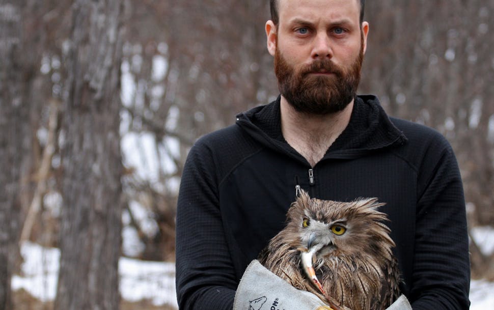 Jonathan C. Slaght and one of the female fish owls he caught and tracked in Russia. (The owl is holding a fish in its beak.) Photo by Sergey Avdeyuk