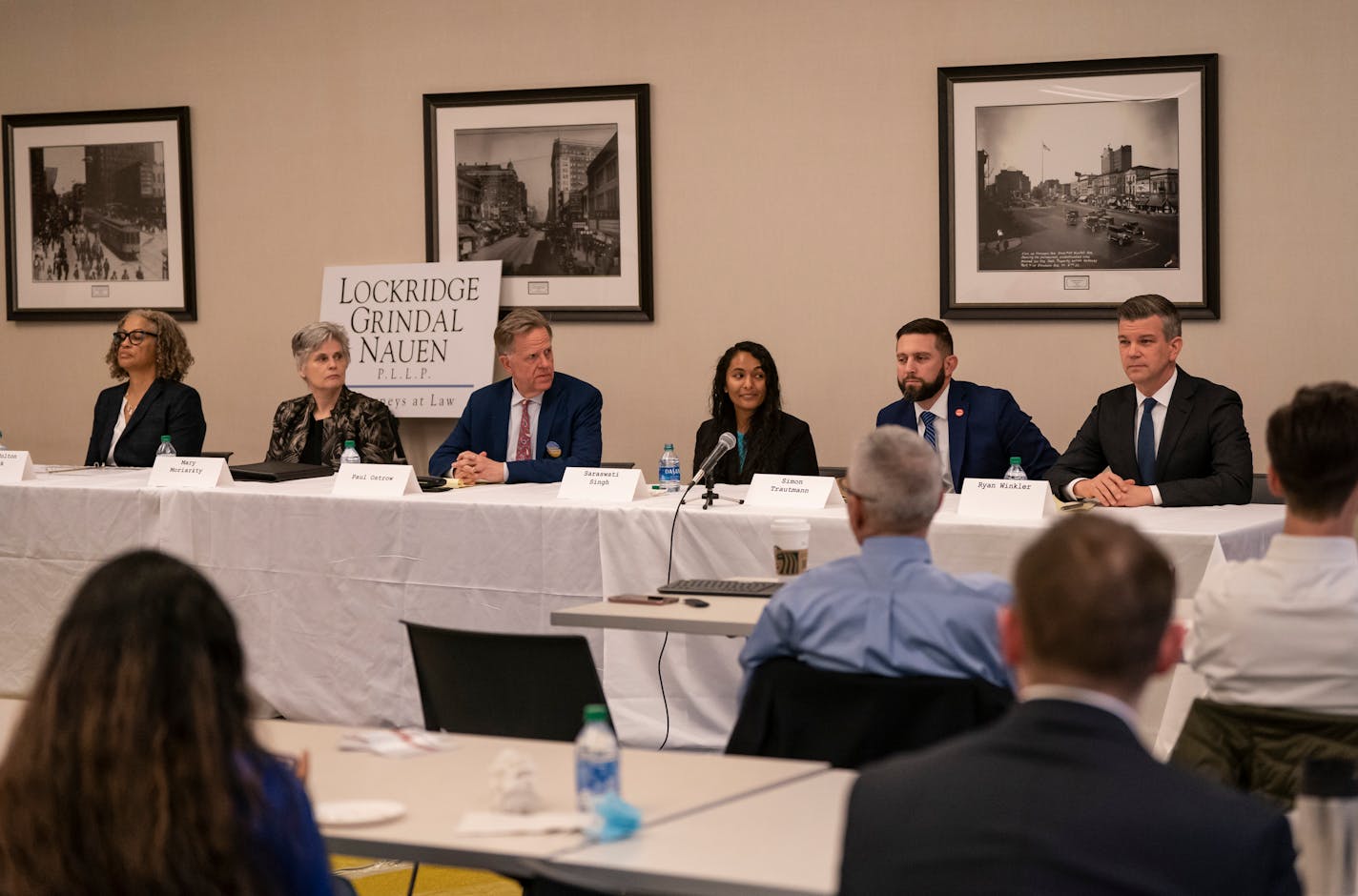 Candidate participate in a forum sponsored by the American Constitution Society for candidates running for Hennepin County Attorney on Tuesday, March 29, 2022 in Minneapolis, Minn. From the left is Martha Holton Dimick (former Hennepin County District Judge), Mary Moriarity, (former Chief Public Defender and Hennepin County Public Defender), Paul Ostrow (Assistant Anoka County Attorney and former Minneapolis City Council President), Saraswati Singh (Assistant County Attorney and Ramsey County Attorney's Office), Simon Trautmann (Richfield City Council and Partner at Trautmann Martin Law, PLLC), and Ryan Winkler (Majority Leader in Minnesota House of Representatives)