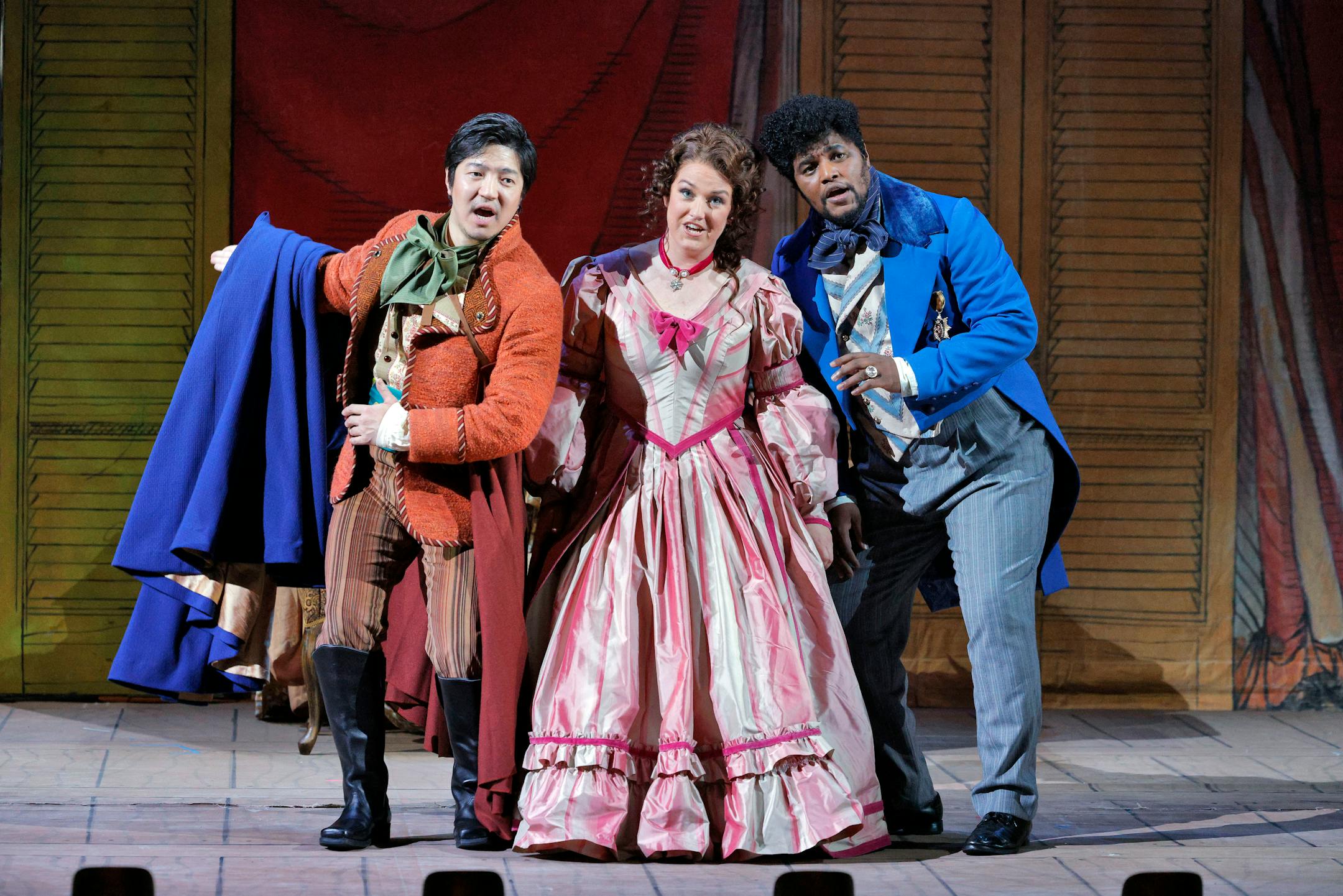 From left, Takaoki Onishi, Katie Beck and Lunga Eric Hallam in MN Opera's production of "The Barber of Seville.
Photo credit: Cory Weaver.