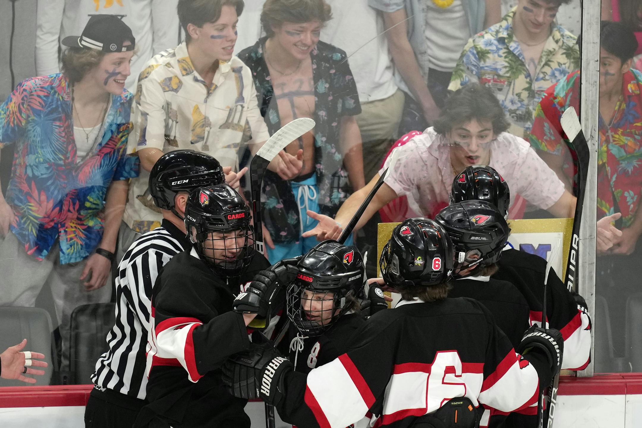 Alexandria forward Gavin Olson (8) celebrates with his teammates after scoring on Mahtomedi goaltender Charles Brandt (30) in the first period of a MSHSL Class 1A quarterfinal hockey game between Alexandria and Mahtomedi.