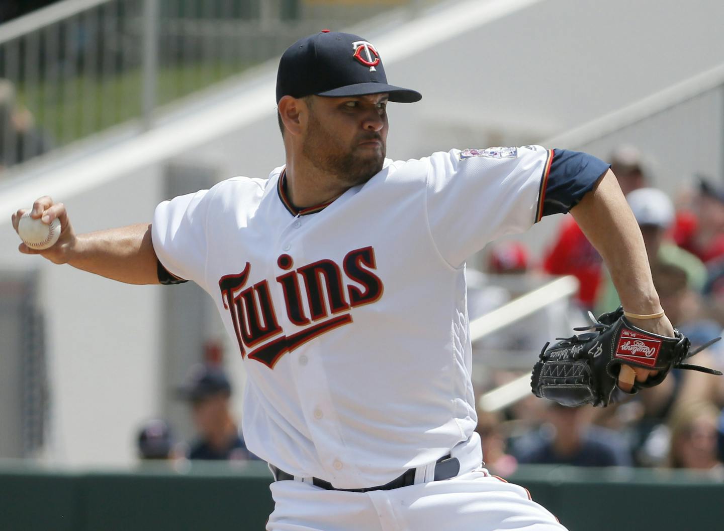 Minnesota Twins' Ricky Nolasco works against the Tampa Bay Rays in the second inning of a spring training baseball game, Wednesday, March 23, 2016, in Fort Myers, Fla. (AP Photo/Tony Gutierrez)