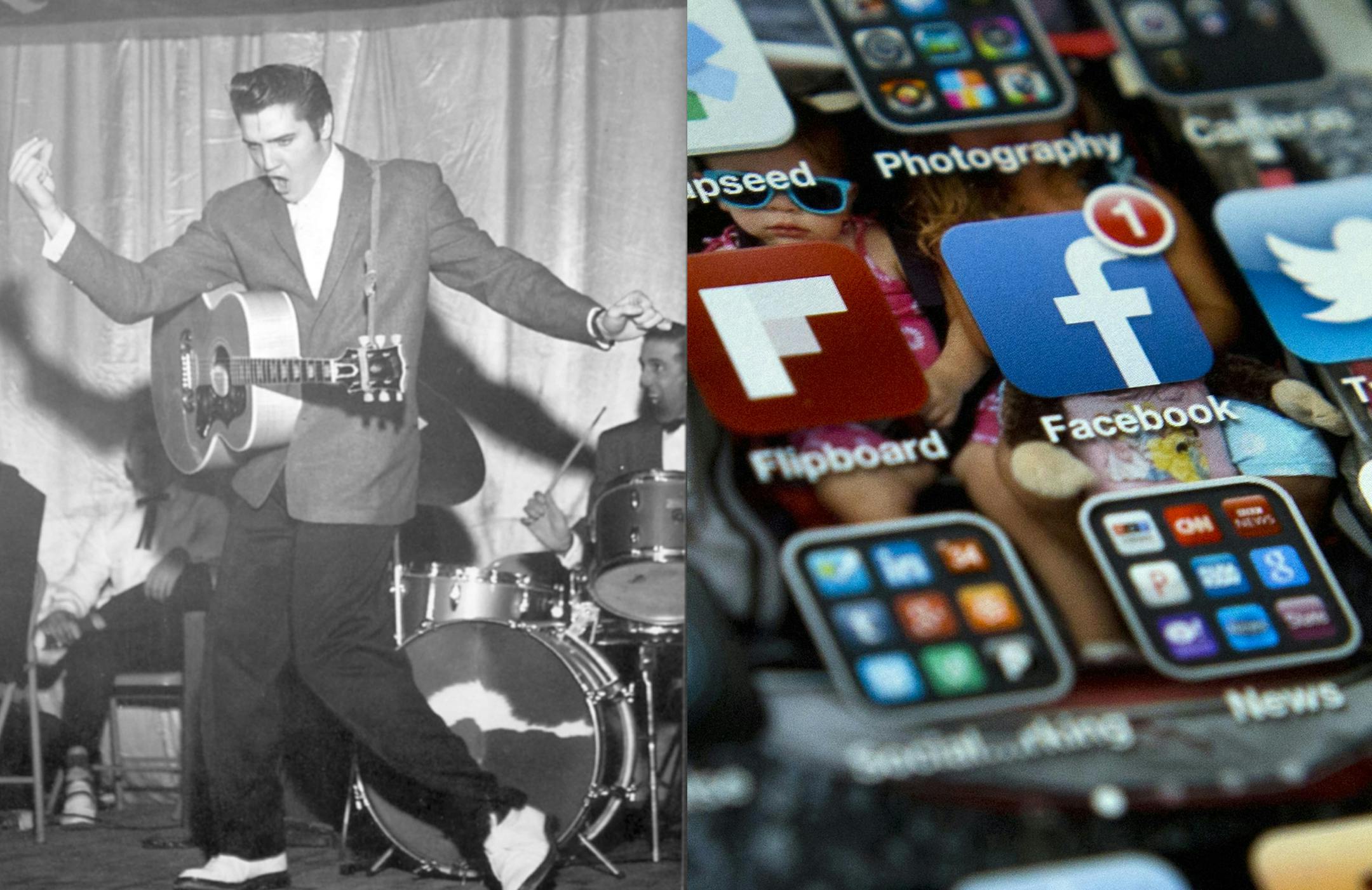 Star Tribune file photos/Elvis Presley Enterprises/AP Elvis Presley performs at the Louisiana Hayride Radio Show. A view of an iPhone, showing the Twitter and Facebook apps among others. ORG XMIT: DCEV110