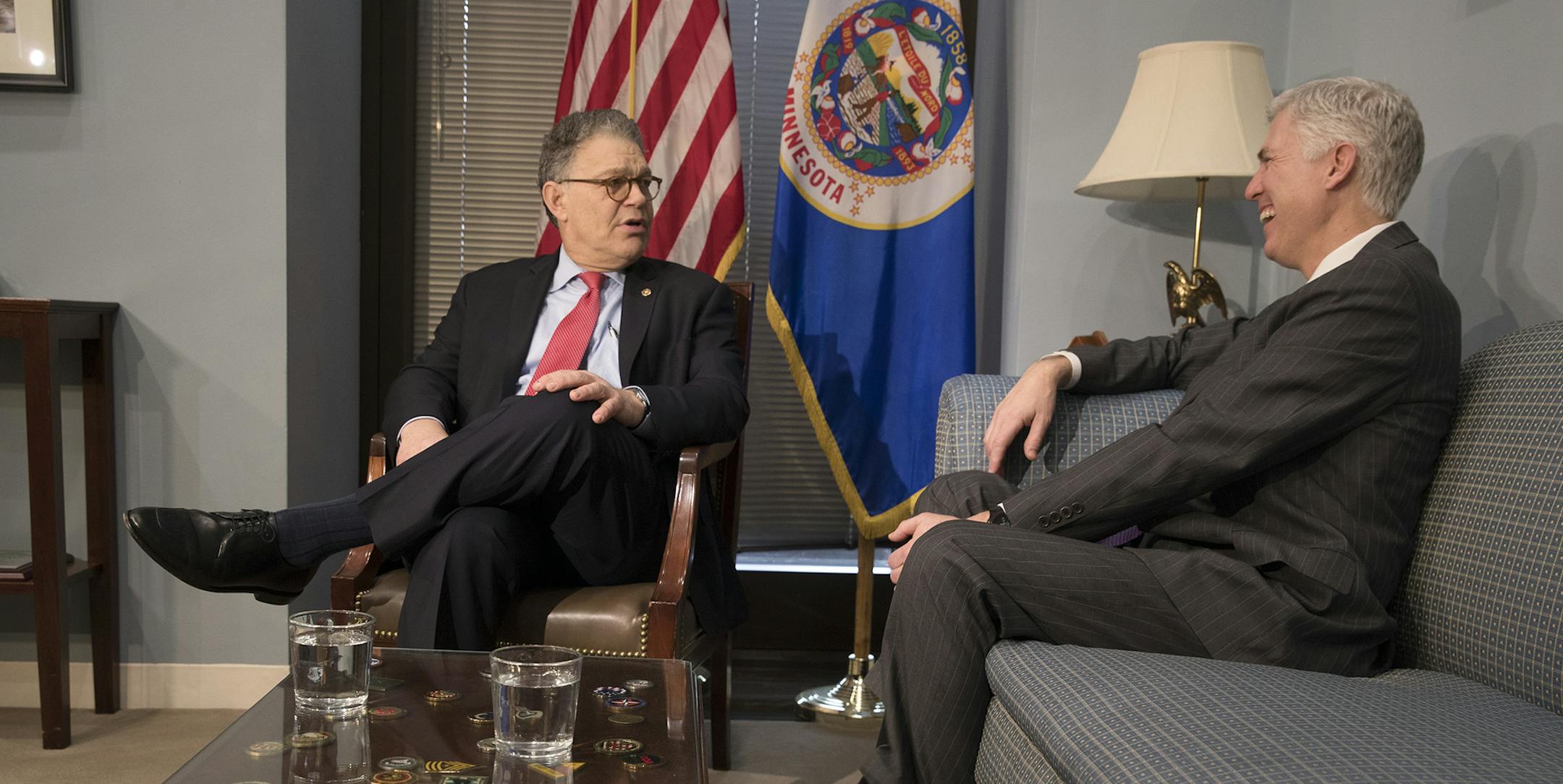 Sen. Al Franken (D-Minn.) and Judge Neil Gorsuch share a laugh as they met on Capitol Hill in Washington, March 7, 2017. Confirmation hearings for Gorsuch, President Donald Trumpís nominee to the Supreme Court, are set to begin on March 20. (Stephen Crowley/The New York Times) ORG XMIT: MIN2017030718310946