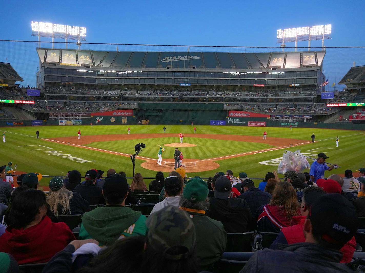 A view of the massive, vista-obstructing ÒMount DavisÓ center field structure, an accommodation made to bring the Al Davis-owned Raiders back from Los Angeles in the 1990s, during an Athletics home game at RingCentral Coliseum, in Oakland, Calif., May 13, 2022. For years, the AÕs have been in the hunt for a sparkly new stadium or an energetic new city, creating a limbo that almost goads fans into staying away. (Jim Wilson/The New York Times)