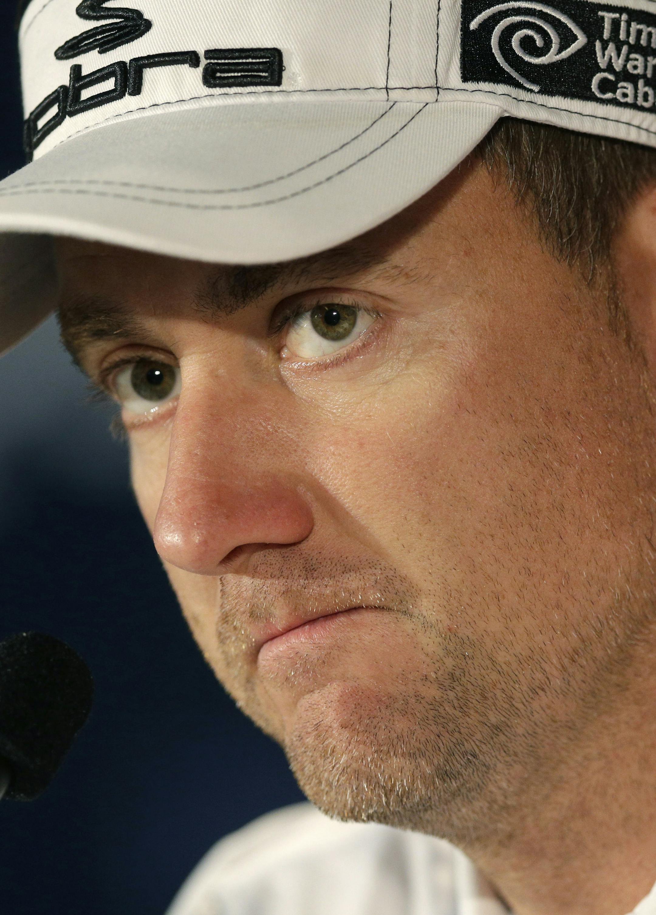 Ian Poulter, of England, speaks at a press conference at the PGA Championship golf tournament at Oak Hill Country Club, Wednesday, Aug. 7, 2013, in Pittsford, N.Y. (AP Photo/Patrick Semansky) ORG XMIT: MIN2013081220100189
