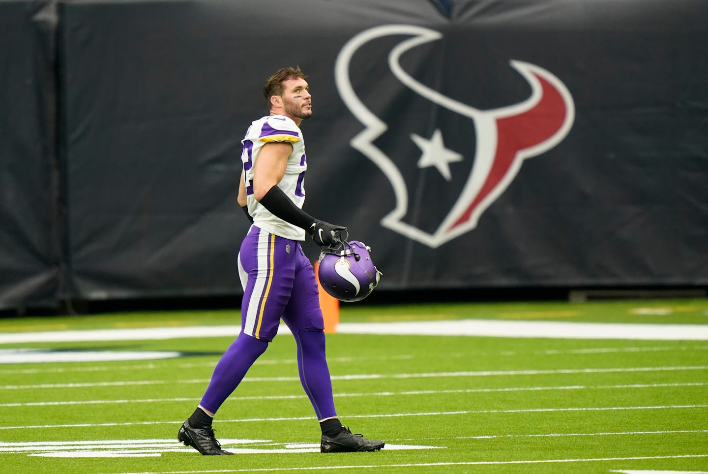 Vikings safety Harrison Smith walks off the field after being ejected from the game during the first half