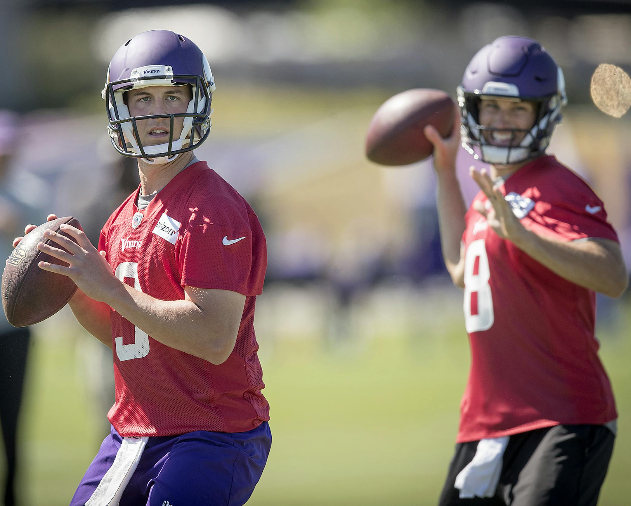 Vikings quarterback Trevor Siemian, left, ran drills alongside quarterback Kirk Cousins during a mandatory Vikings three-day minicamp at the TCO Performance Center, June 13, 2018 in Eagan, MN. ] ELIZABETH FLORES &#xef; liz.flores@startribune.com